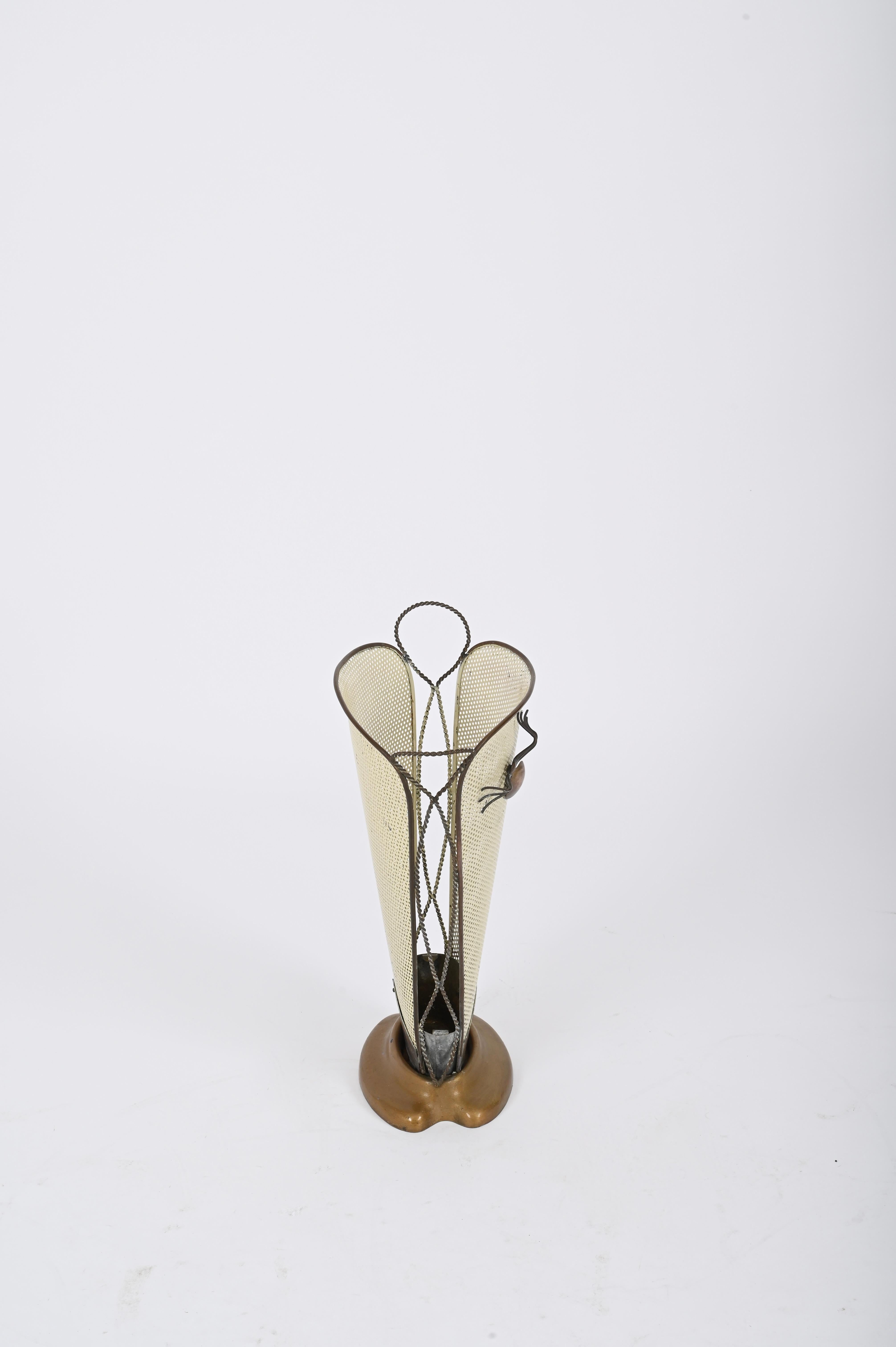 Mathieu Matégot Umbrella Stand, Brass and Decorated Enameled Iron, France 1940s 2