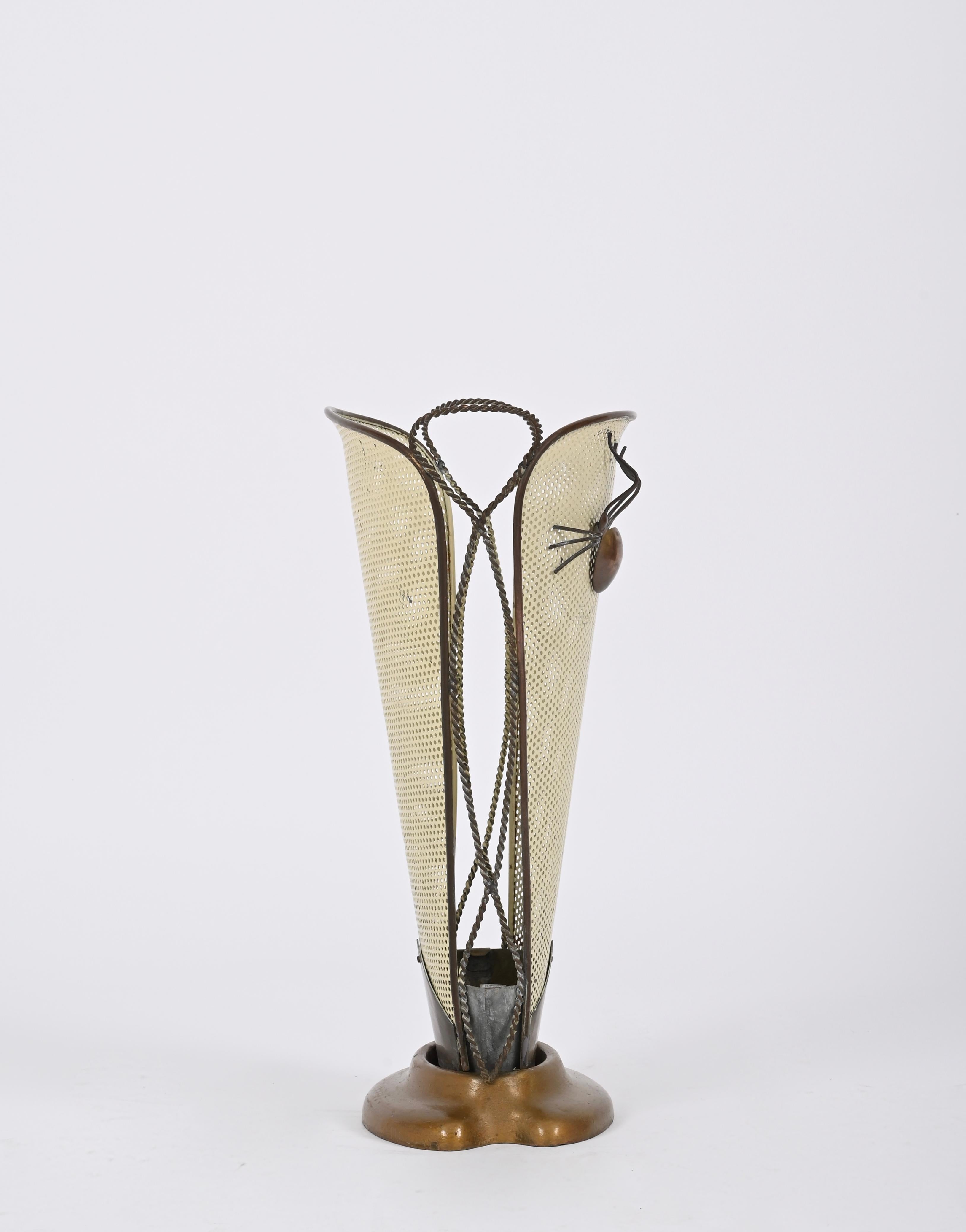 Mathieu Matégot Umbrella Stand, Brass and Decorated Enameled Iron, France 1940s 3