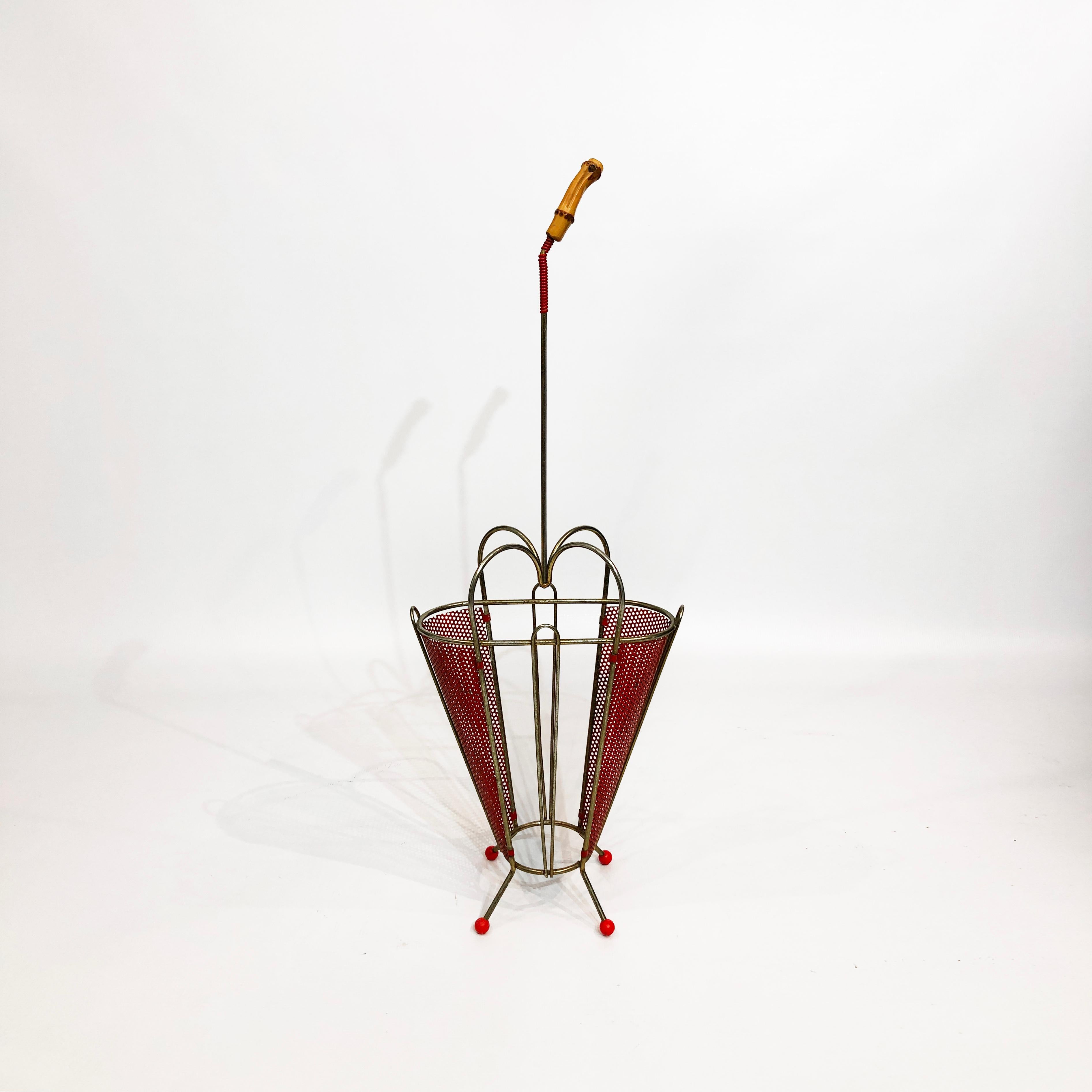 Mid-Century Modern Mathieu Matégot Umbrella Stand Red Brass Midcentury Vintage, 1950s For Sale