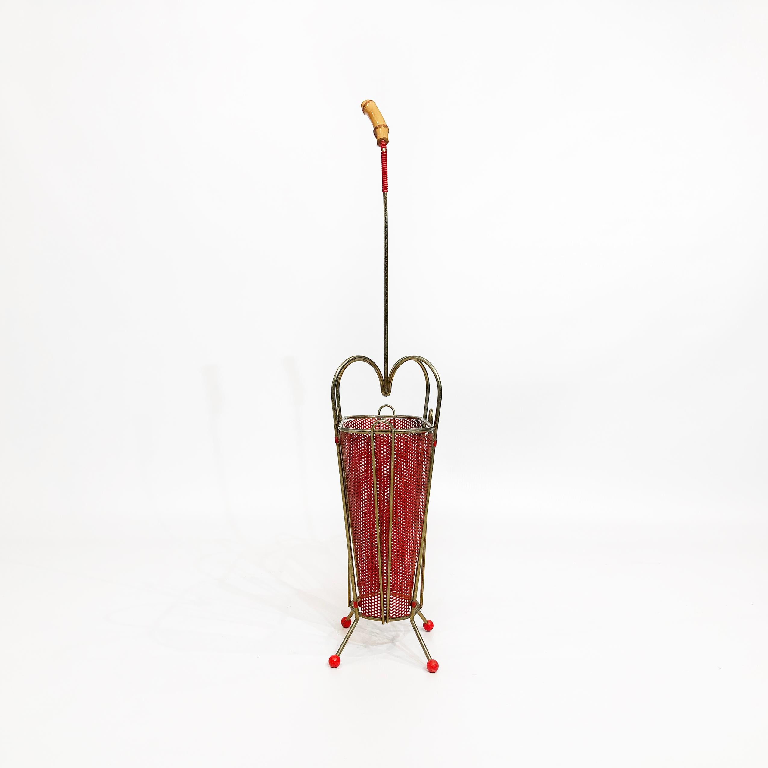 Mathieu Matégot Umbrella Stand Red Brass Midcentury Vintage, 1950s In Good Condition For Sale In London, GB