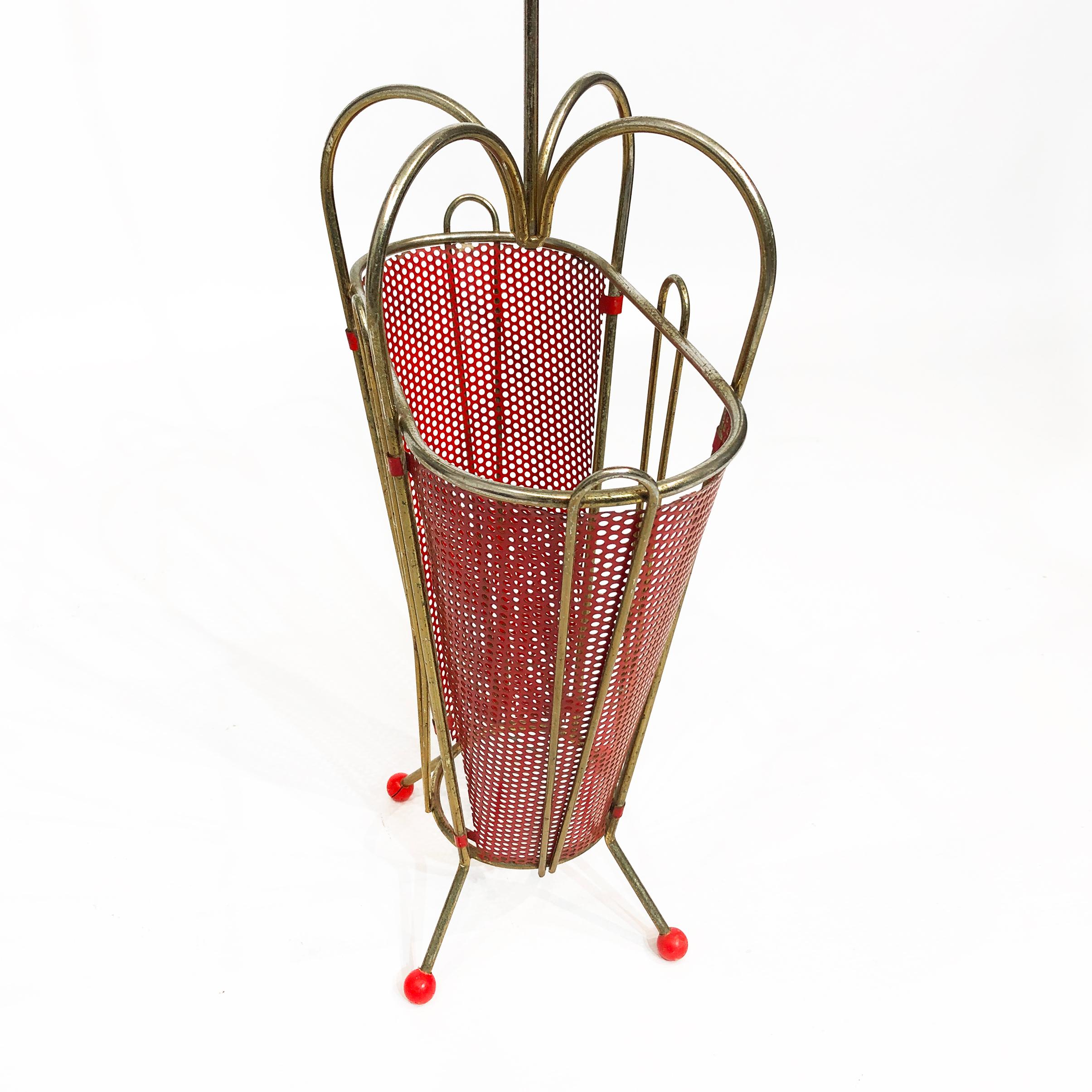 Mid-20th Century Mathieu Matégot Umbrella Stand Red Brass Midcentury Vintage, 1950s For Sale