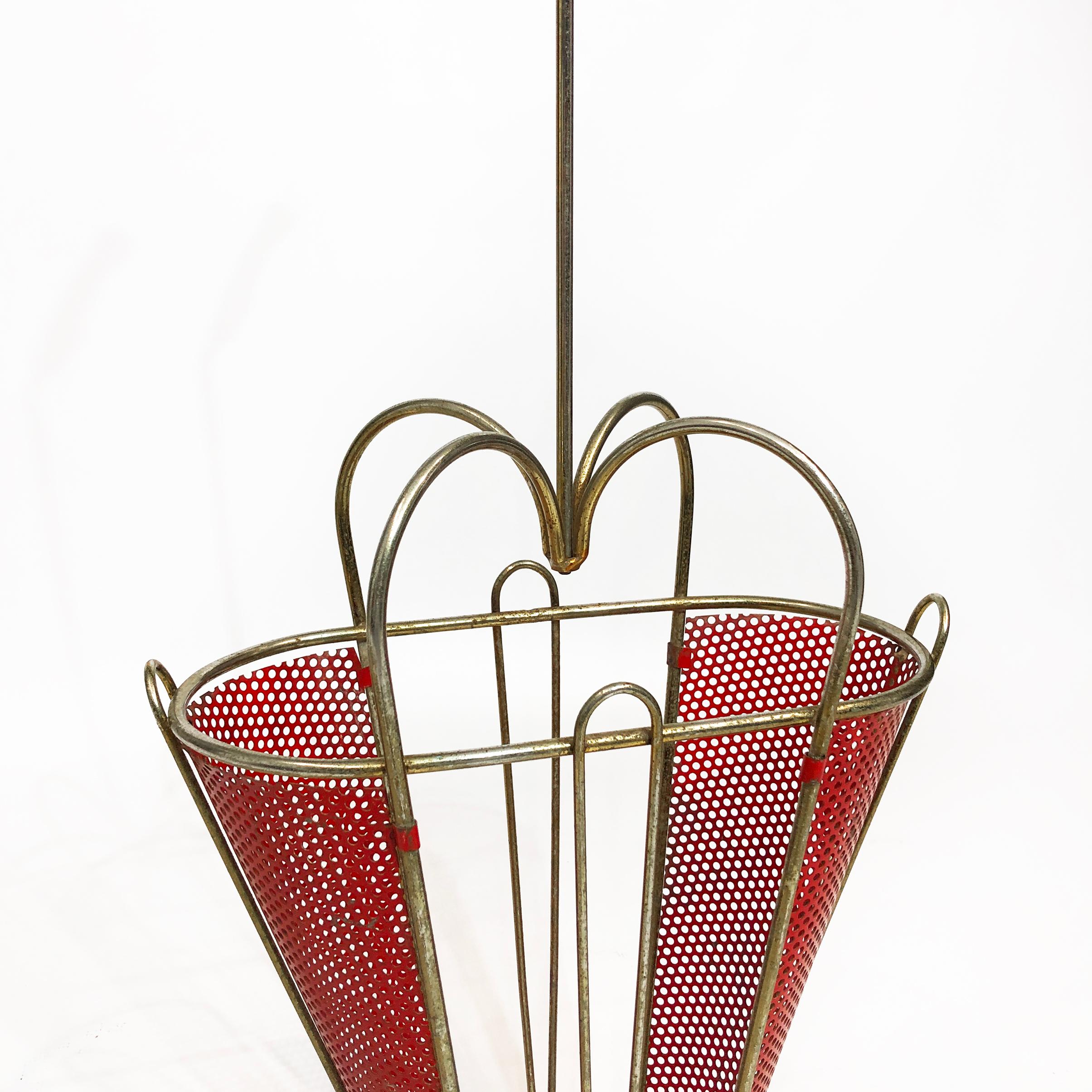 Mathieu Matégot Umbrella Stand Red Brass Midcentury Vintage, 1950s 1