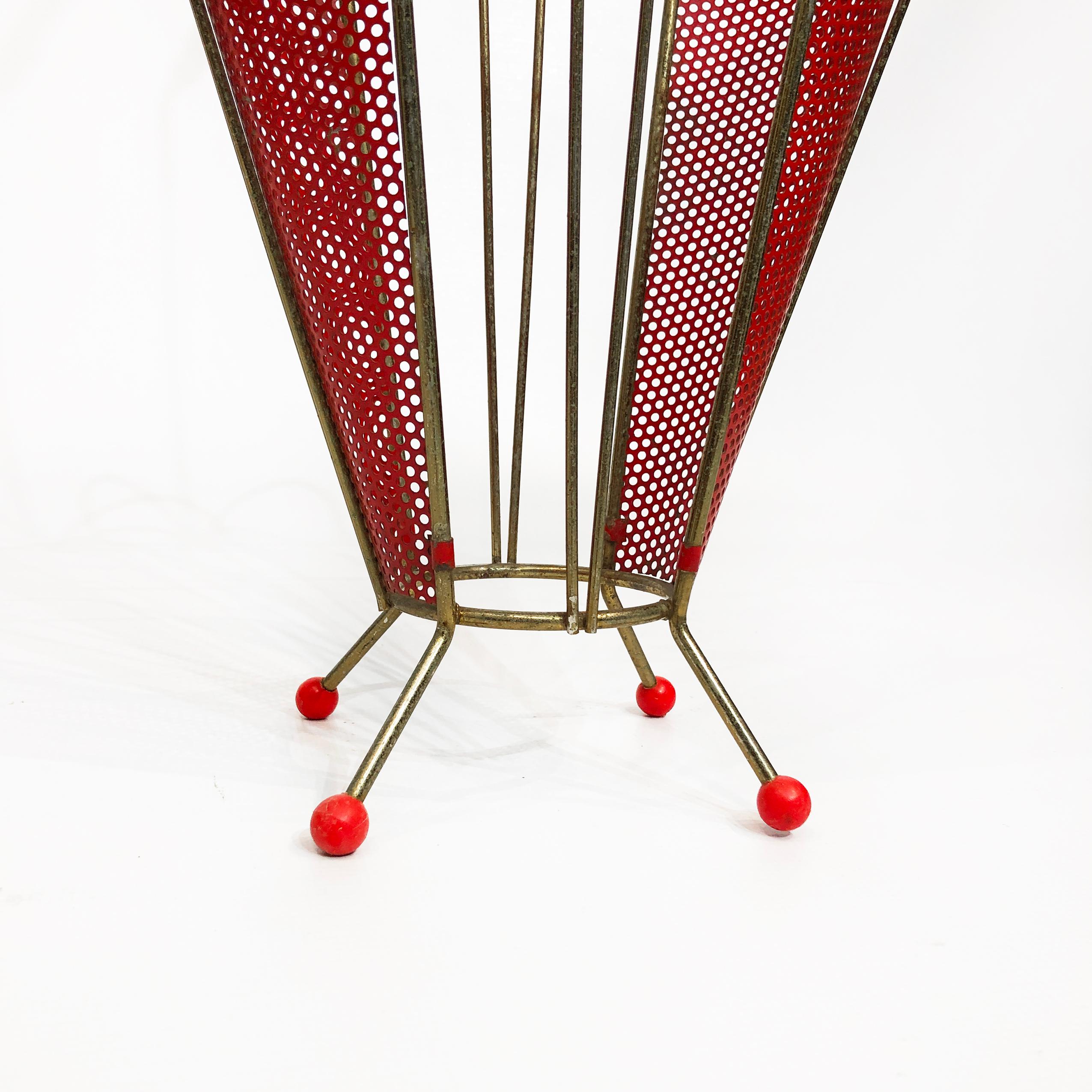 Mathieu Matégot Umbrella Stand Red Brass Midcentury Vintage, 1950s For Sale 2