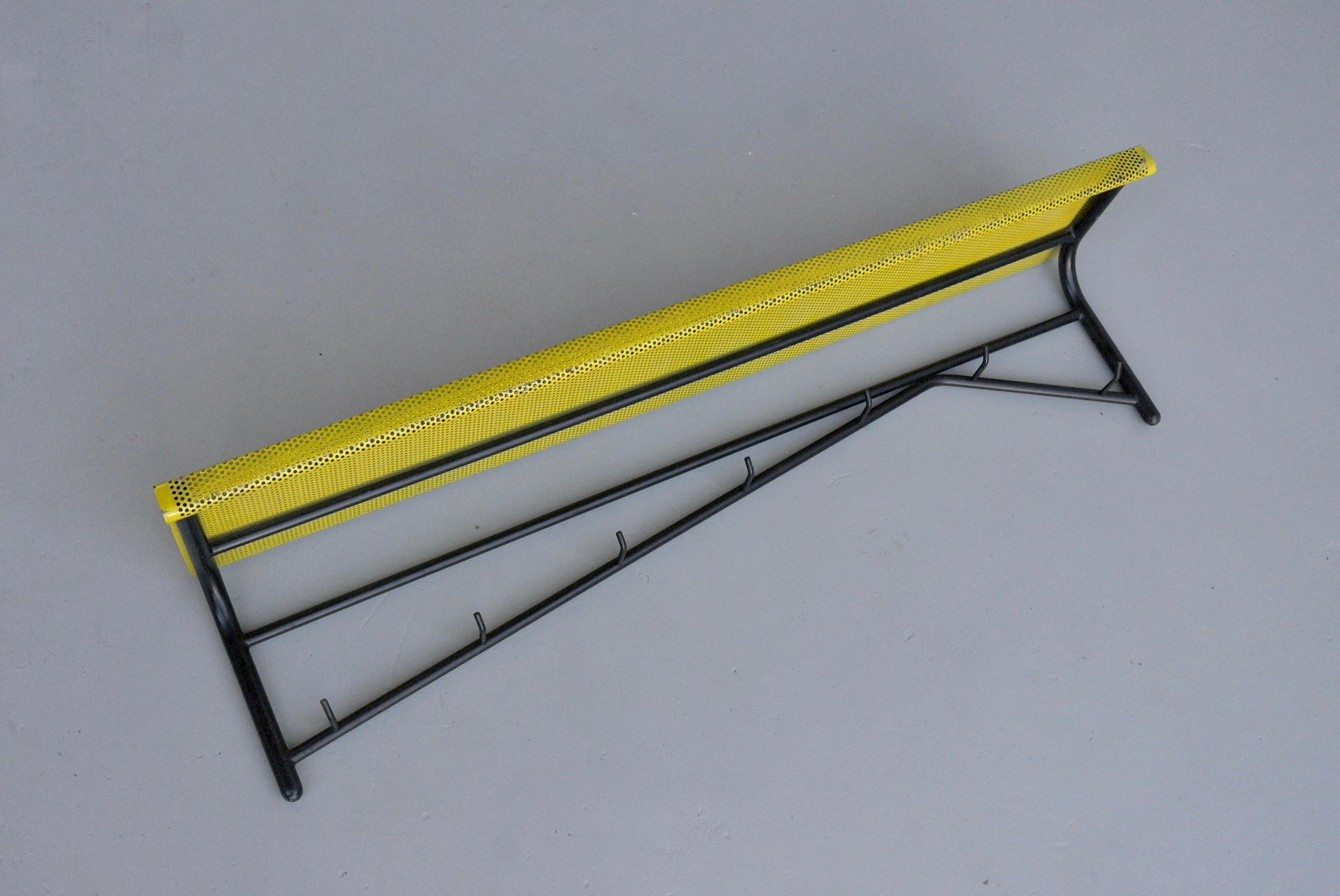 Mid-Century Modern Mathieu Matégot Wall Mounted Coat Rack in Black and Yellow Metal For Sale