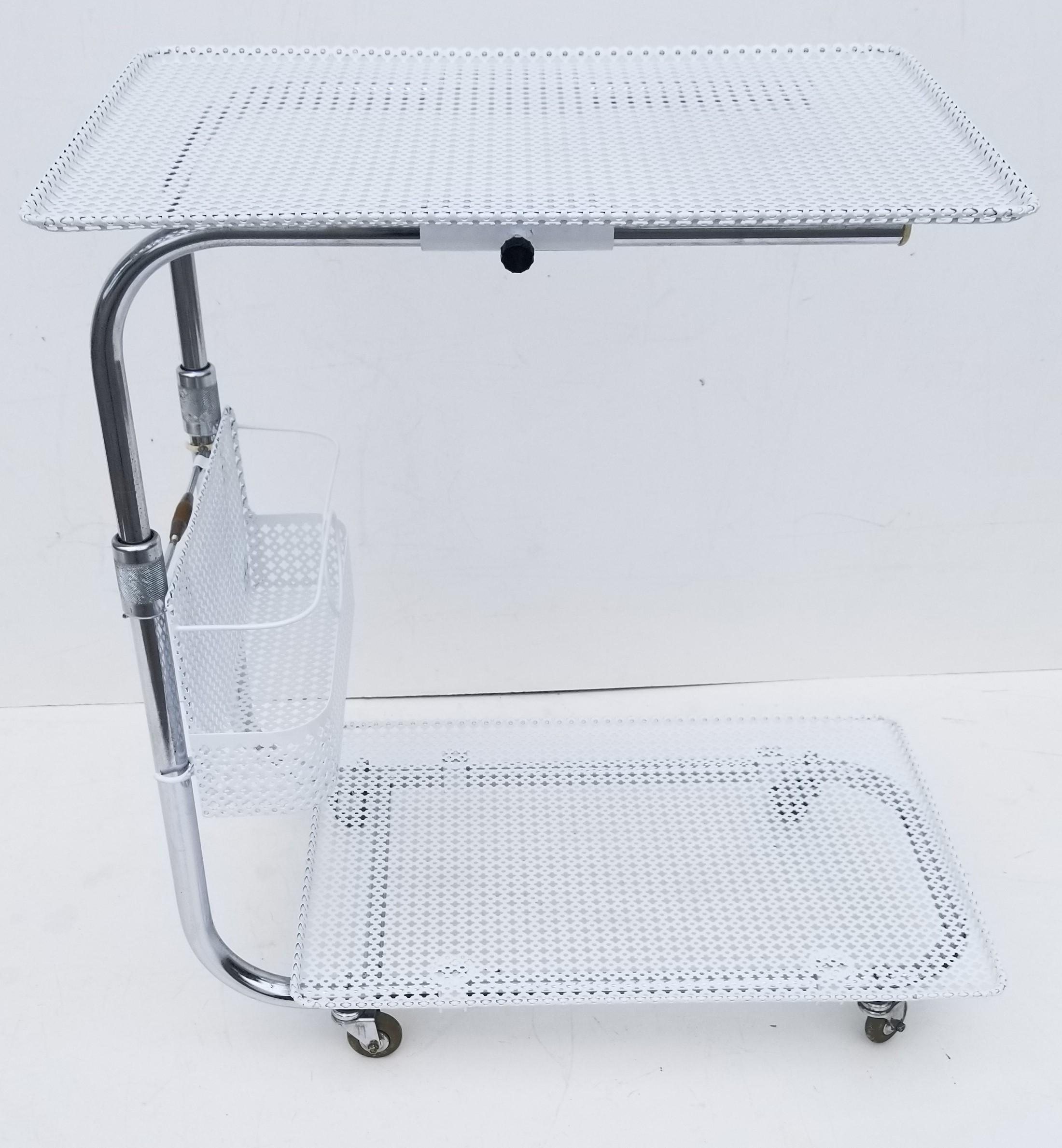 Mathieu Matégot French White Bar Cart, Serving Cart Wire Mesh Mid-Century Modern In Good Condition For Sale In Miami, FL