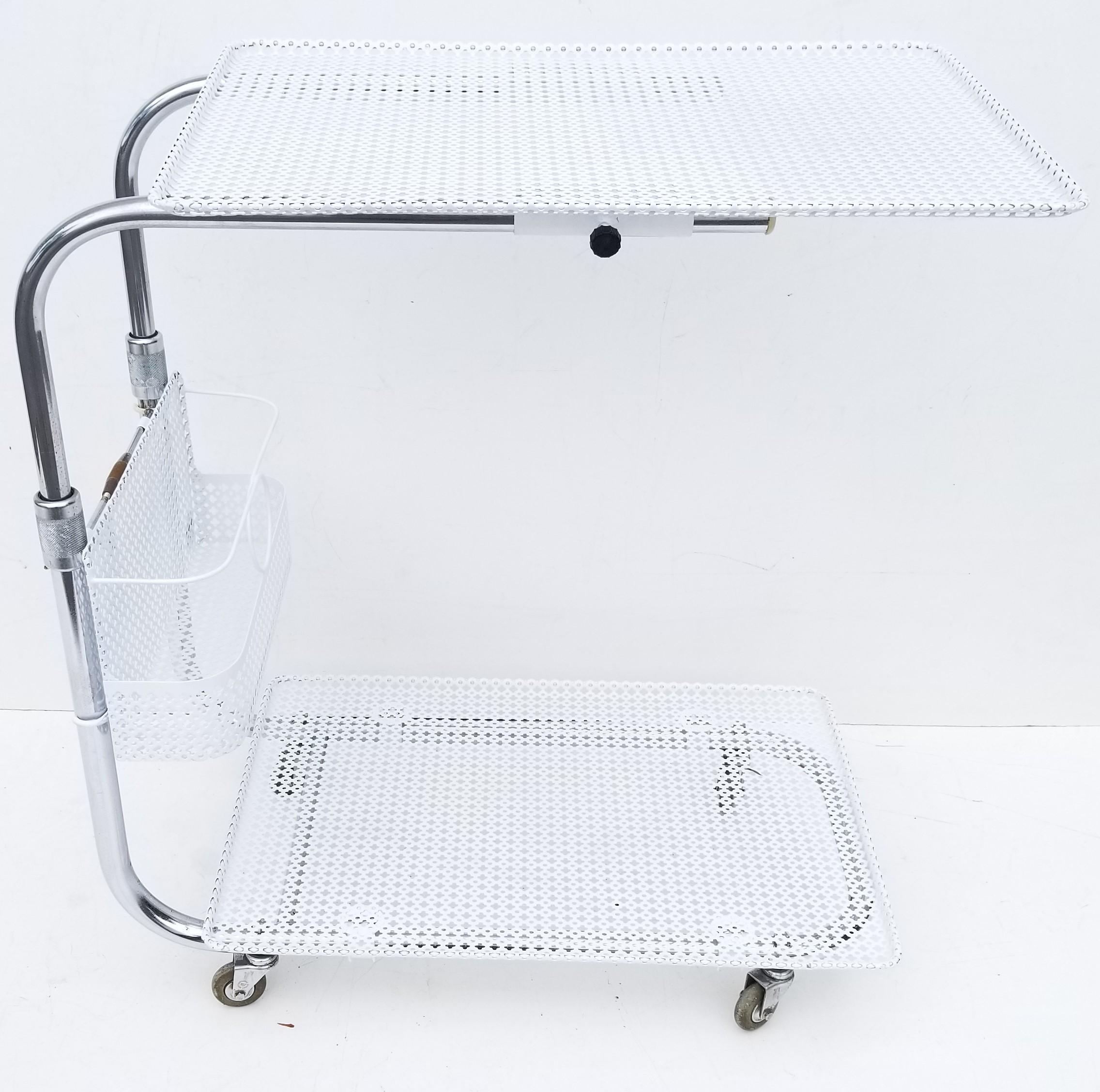 Mid-20th Century Mathieu Matégot French White Bar Cart, Serving Cart Wire Mesh Mid-Century Modern For Sale