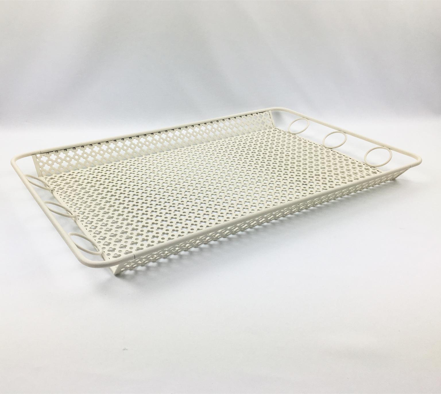 Exquisite French designer Mathieu Mategot large barware serving tray. A striking example of French 1950s metalwork. Mid-Century modernist shape, featuring folded and perforated off-white lacquered metal rectangular serving tray or platter.