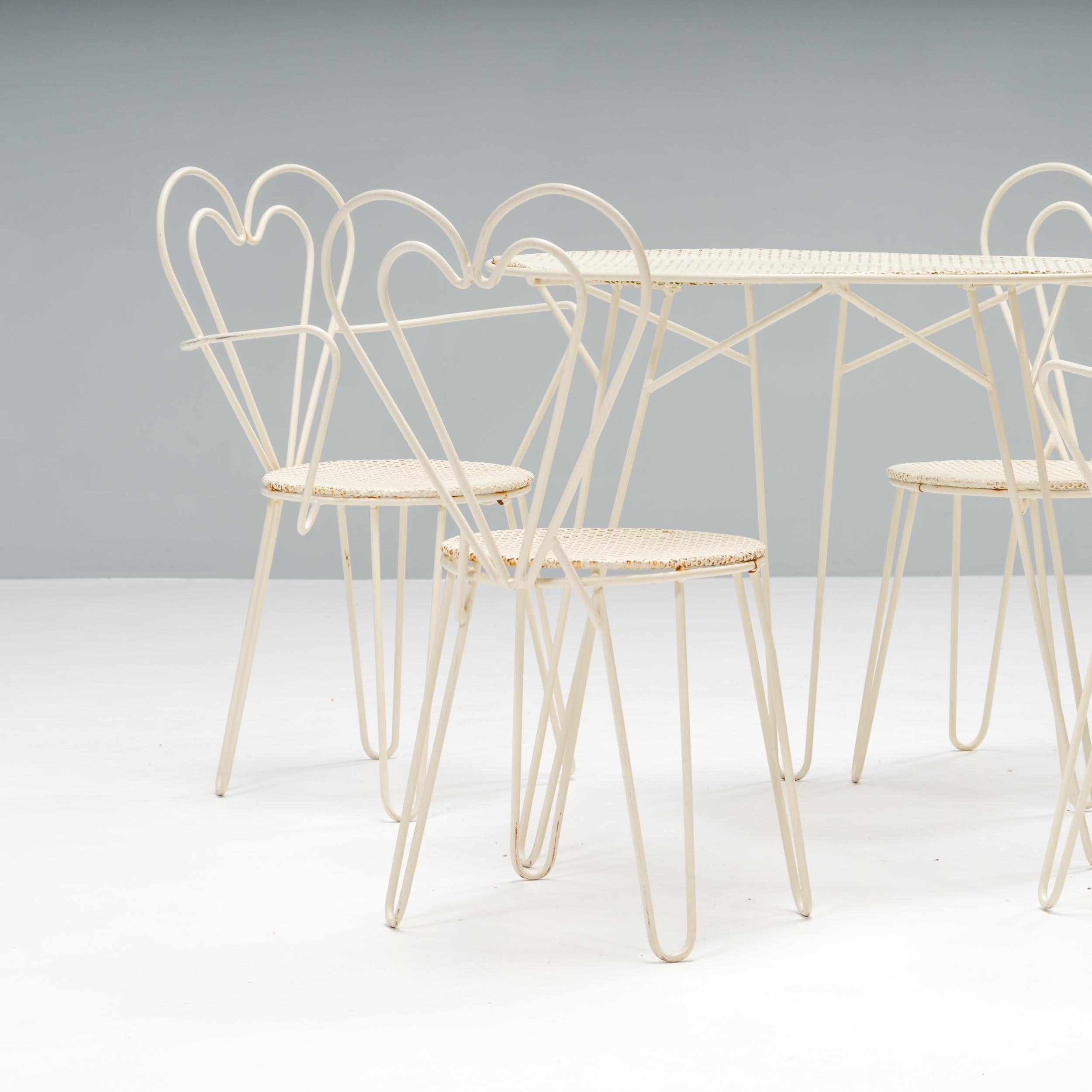 Mid-Century Modern Mathieu Matégot White Metal Garden Table & Heart Chairs, 1950s, Set of 5