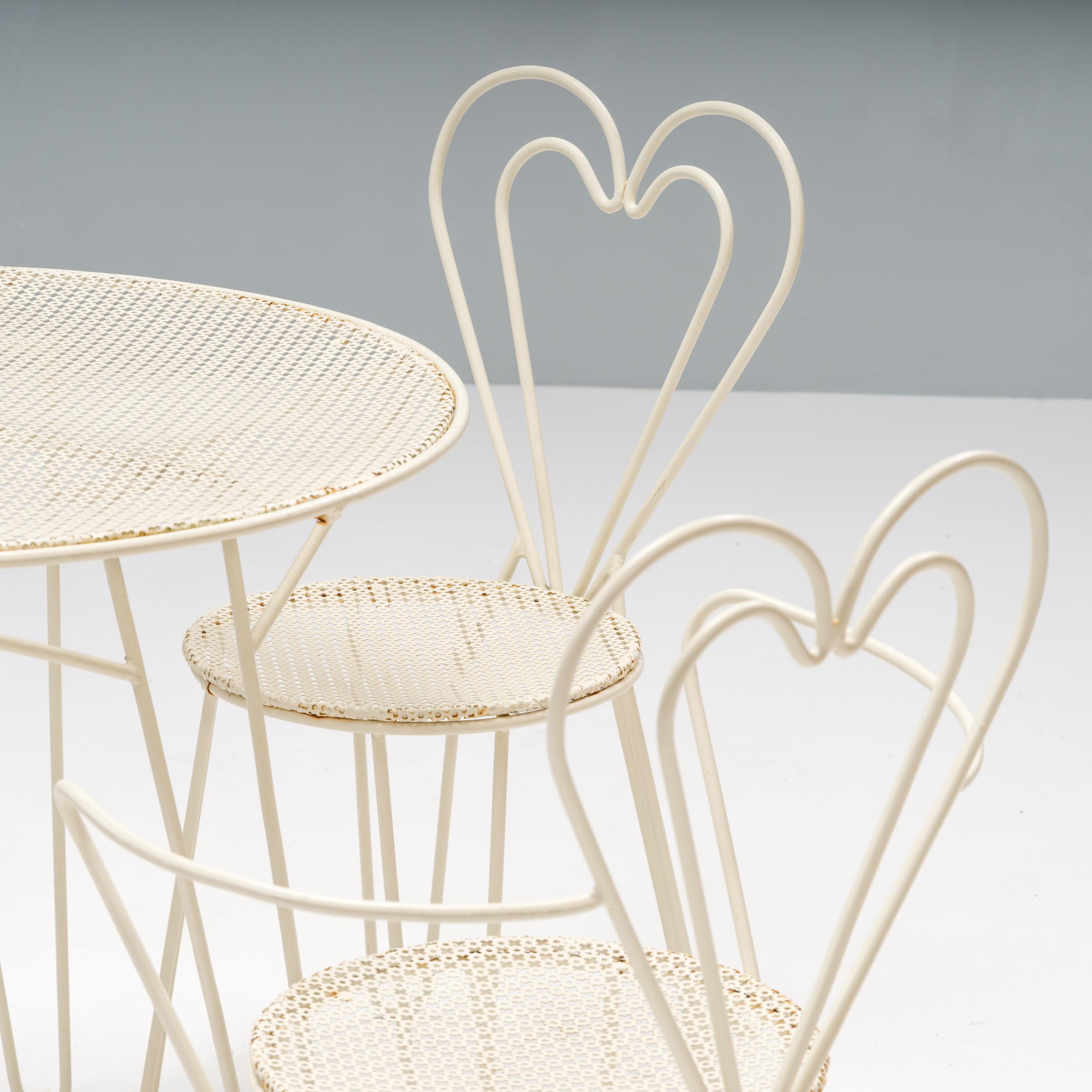 French Mathieu Matégot White Metal Garden Table & Heart Chairs, 1950s, Set of 5