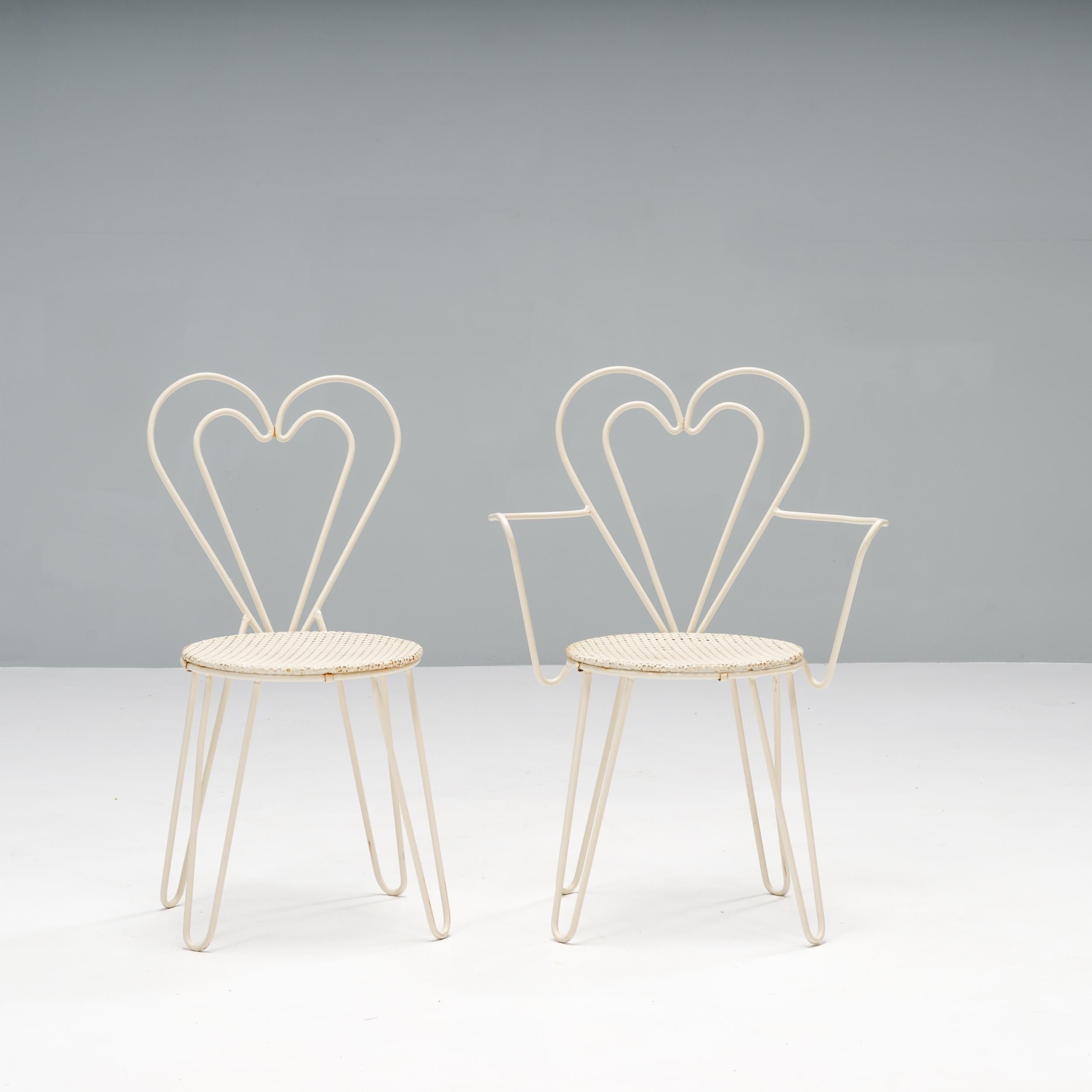 Mathieu Matégot White Metal Garden Table & Heart Chairs, 1950s, Set of 5 2