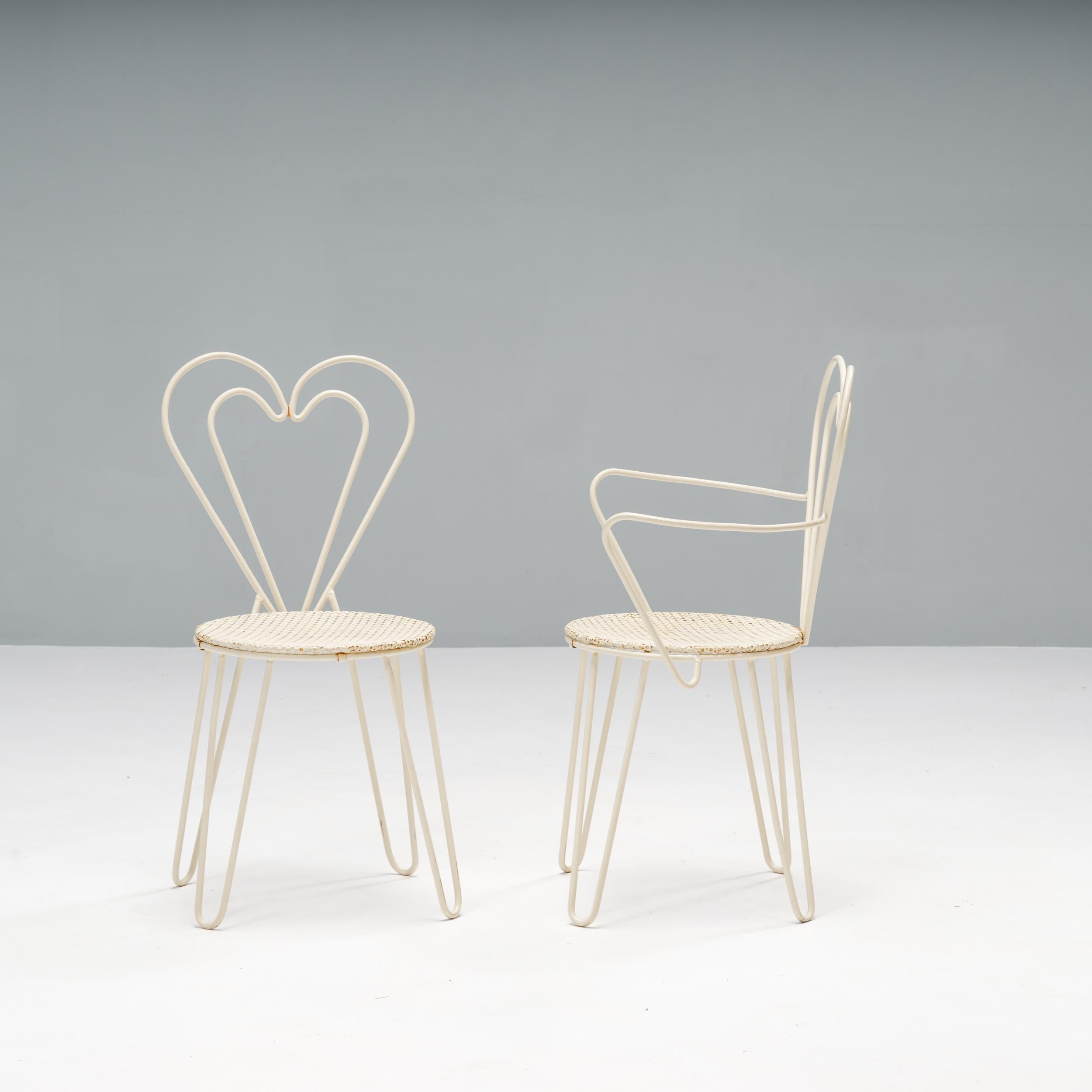 Mathieu Matégot White Metal Garden Table & Heart Chairs, 1950s, Set of 5 3