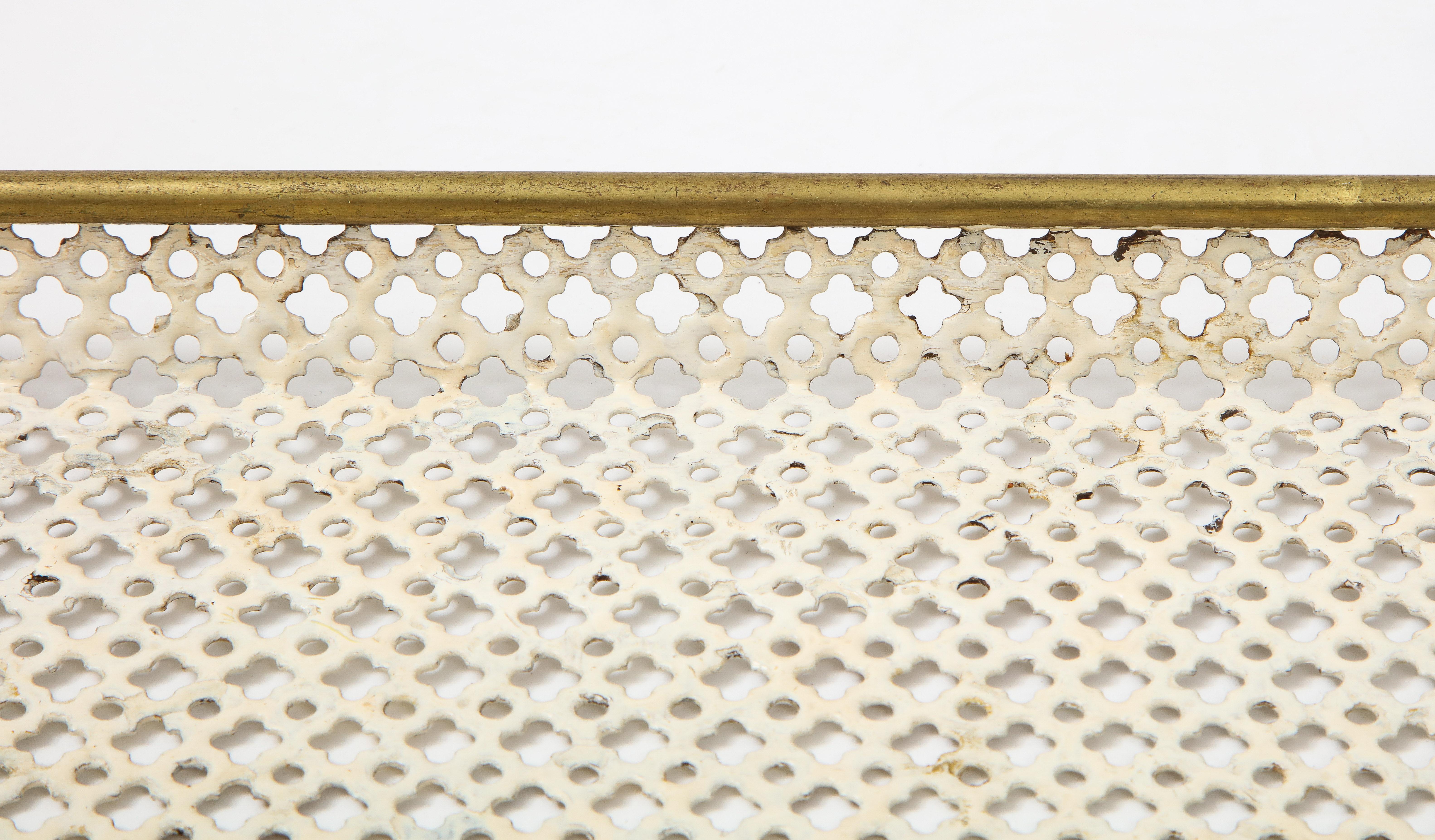 Mathieu Matégot White Tray, Perforated Metal, Brass, Enamel, France, circa 1950 In Fair Condition In Brooklyn, NY
