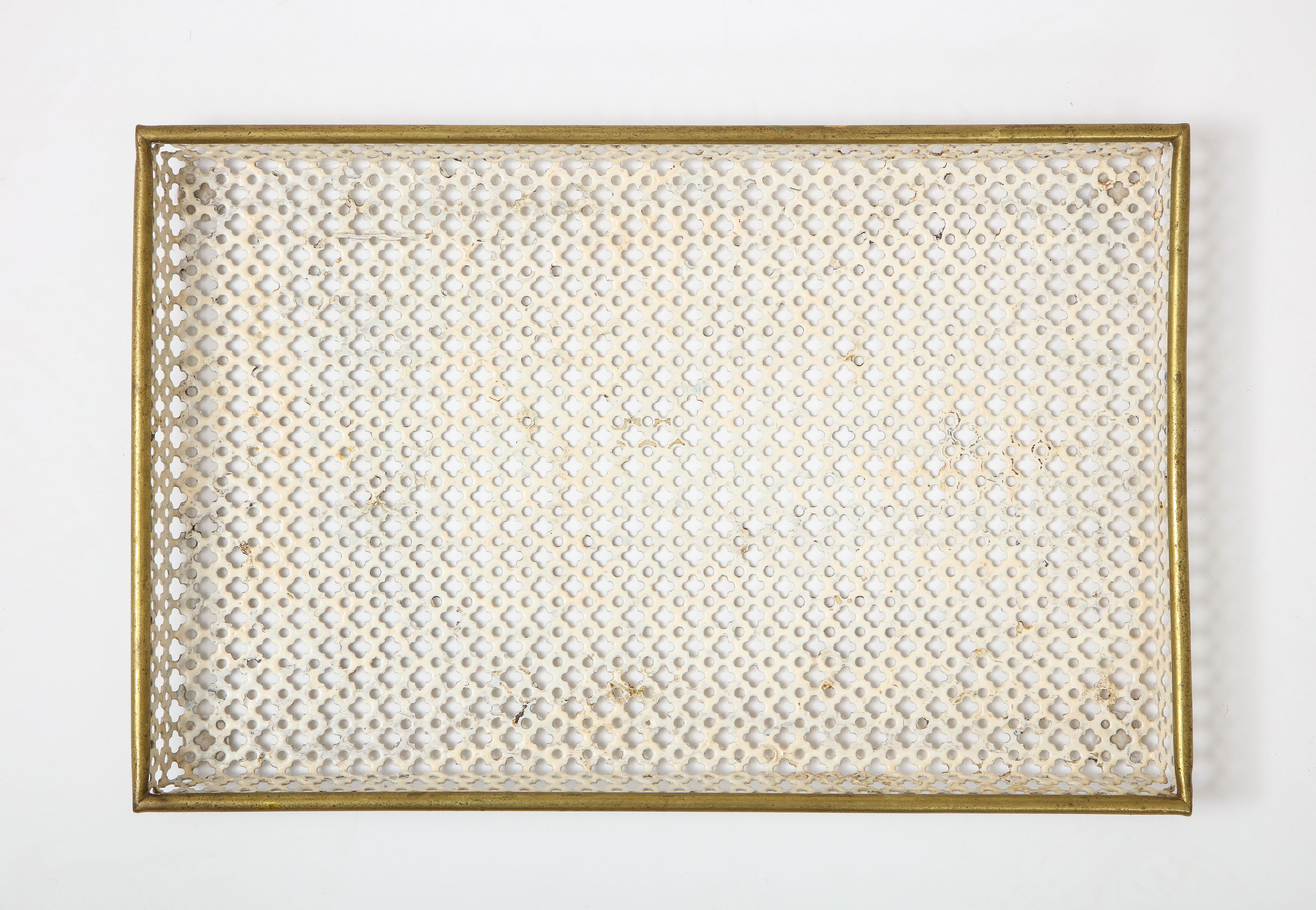 Mid-20th Century Mathieu Matégot White Tray, Perforated Metal, Brass, Enamel, France, circa 1950