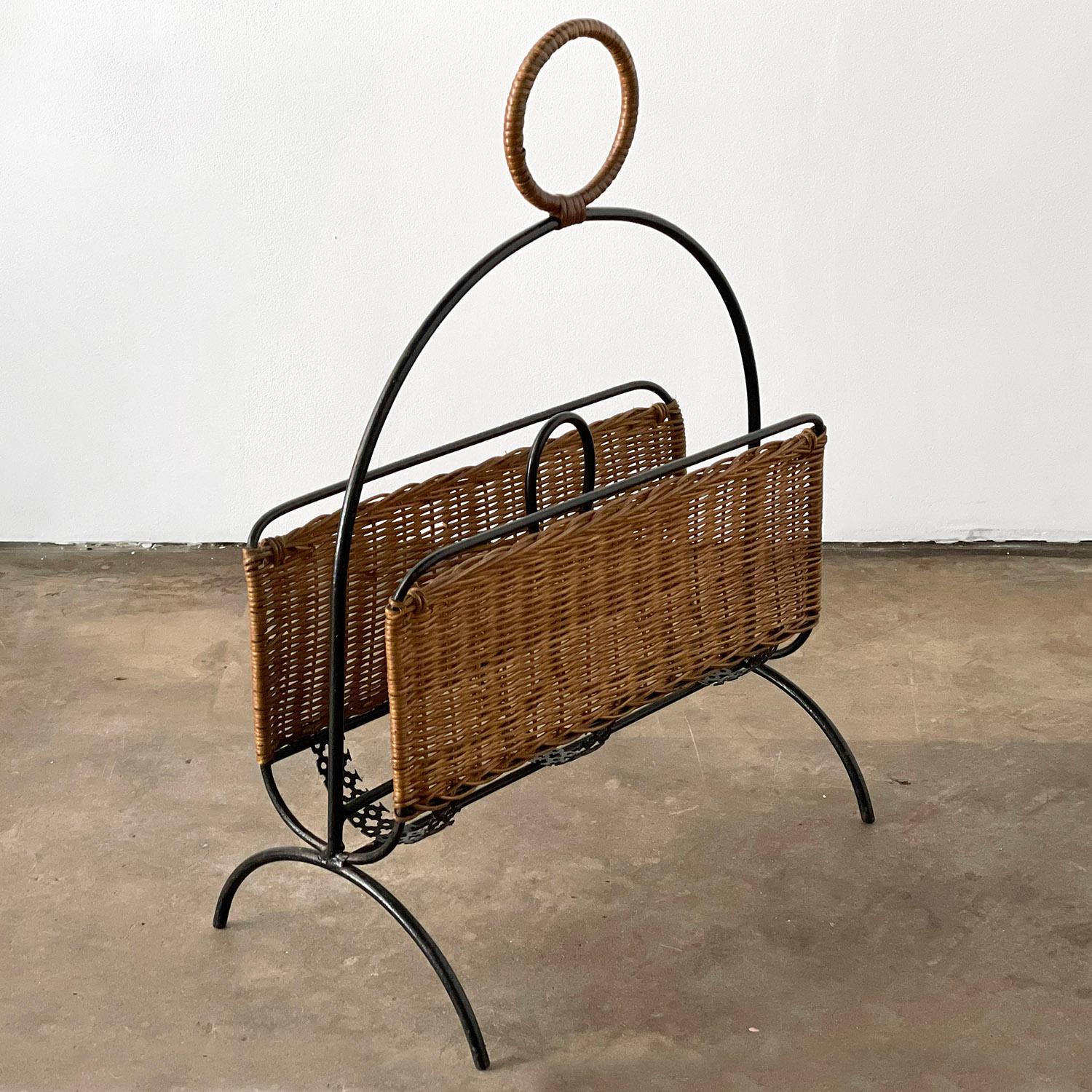 French Mathieu Matégot Wicker and Iron Magazine Rack For Sale