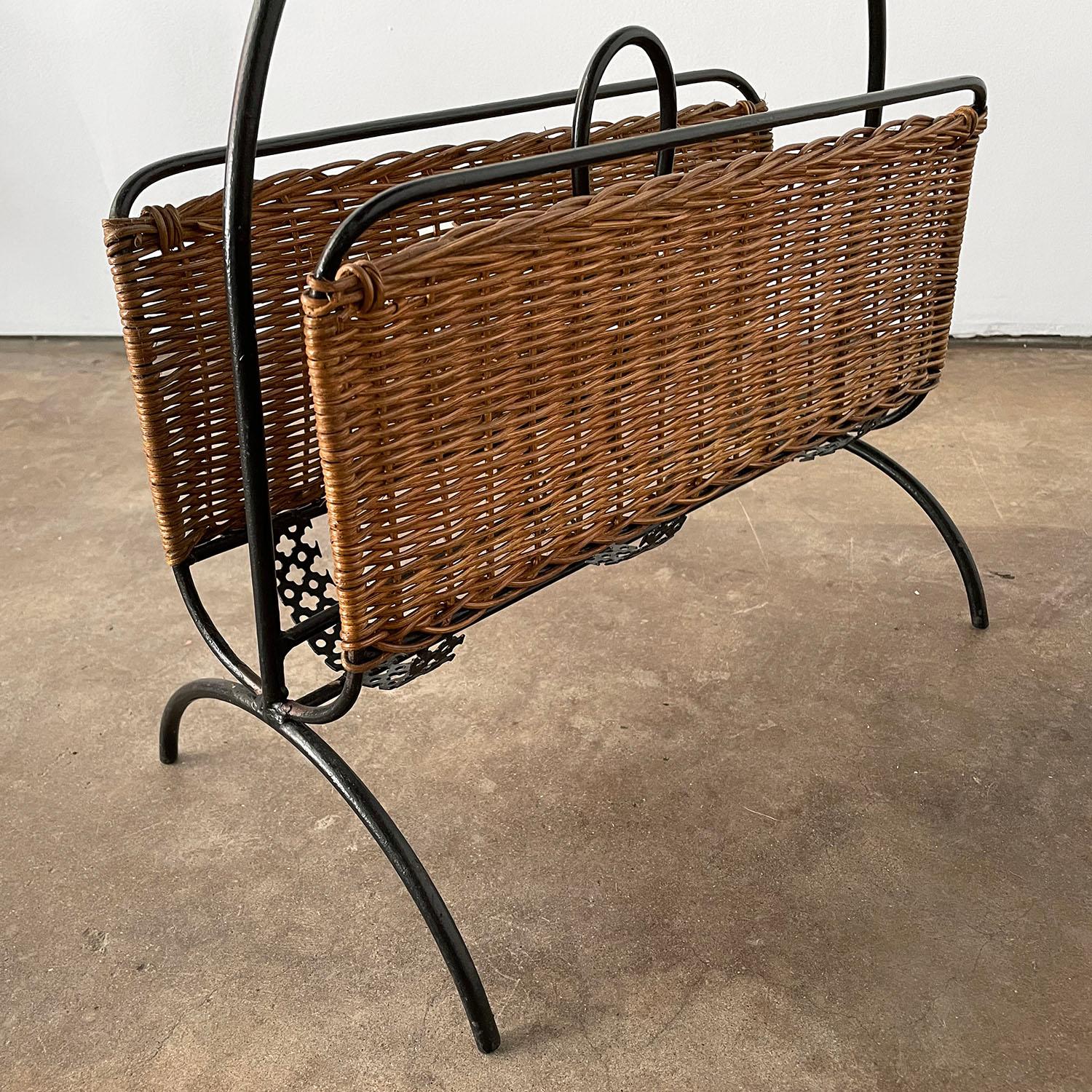 Mathieu Matégot Wicker and Iron Magazine Rack In Good Condition For Sale In Los Angeles, CA