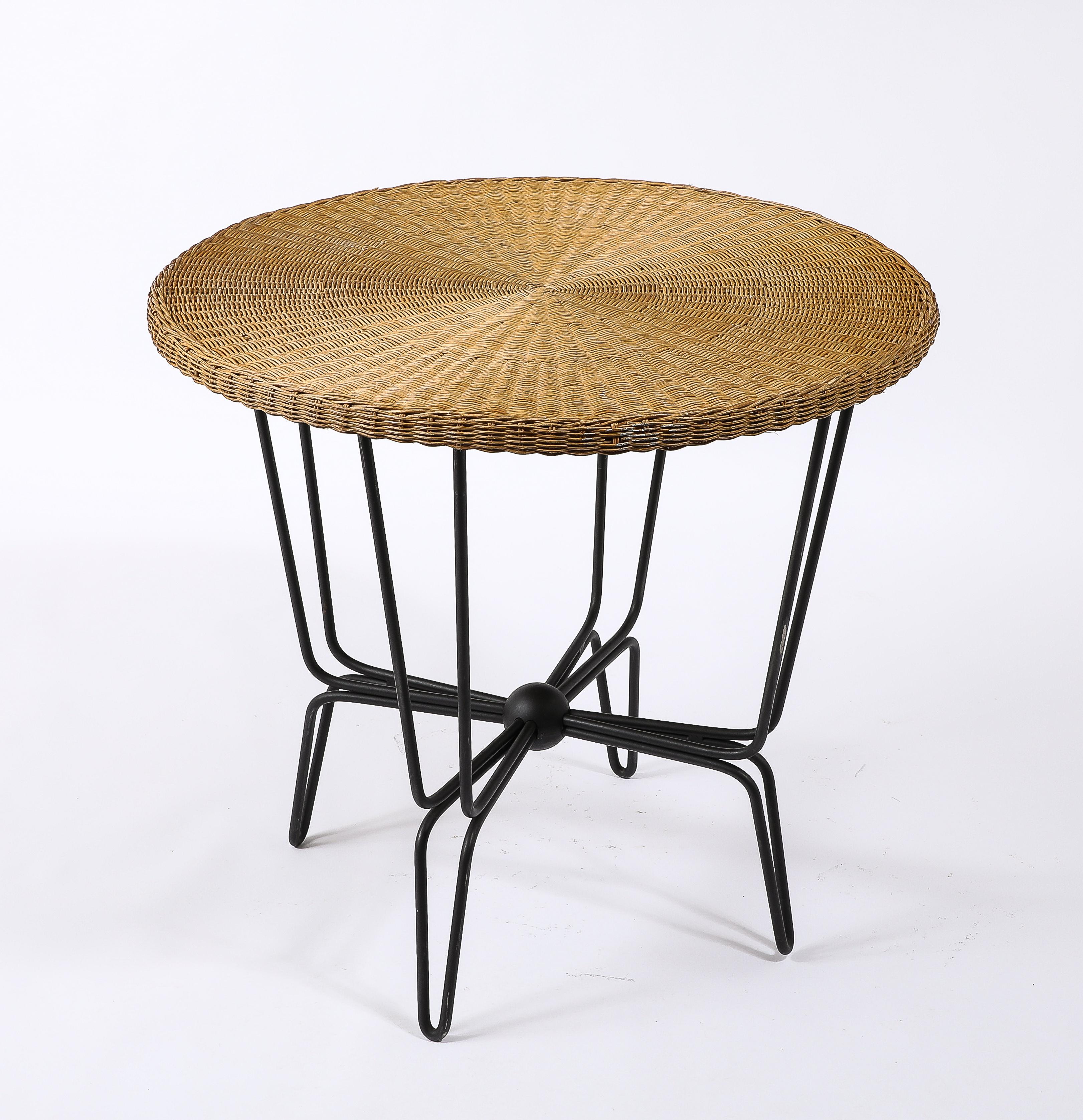 Mathieu Mategot Wrought Iron & Wicker Table, France 1950's For Sale 5