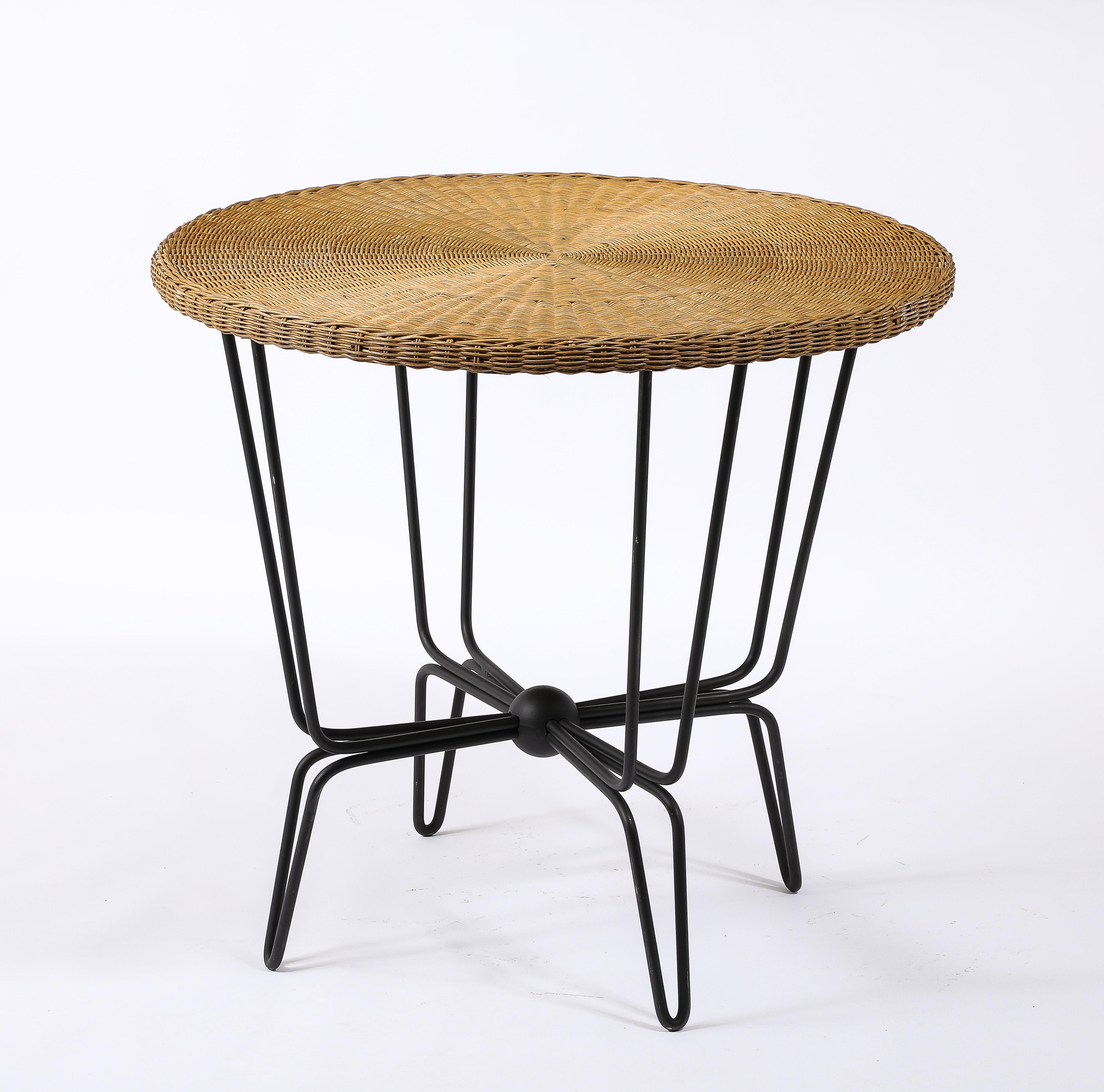 Mathieu Mategot Wrought Iron & Wicker Table, France 1950's In Good Condition For Sale In New York, NY