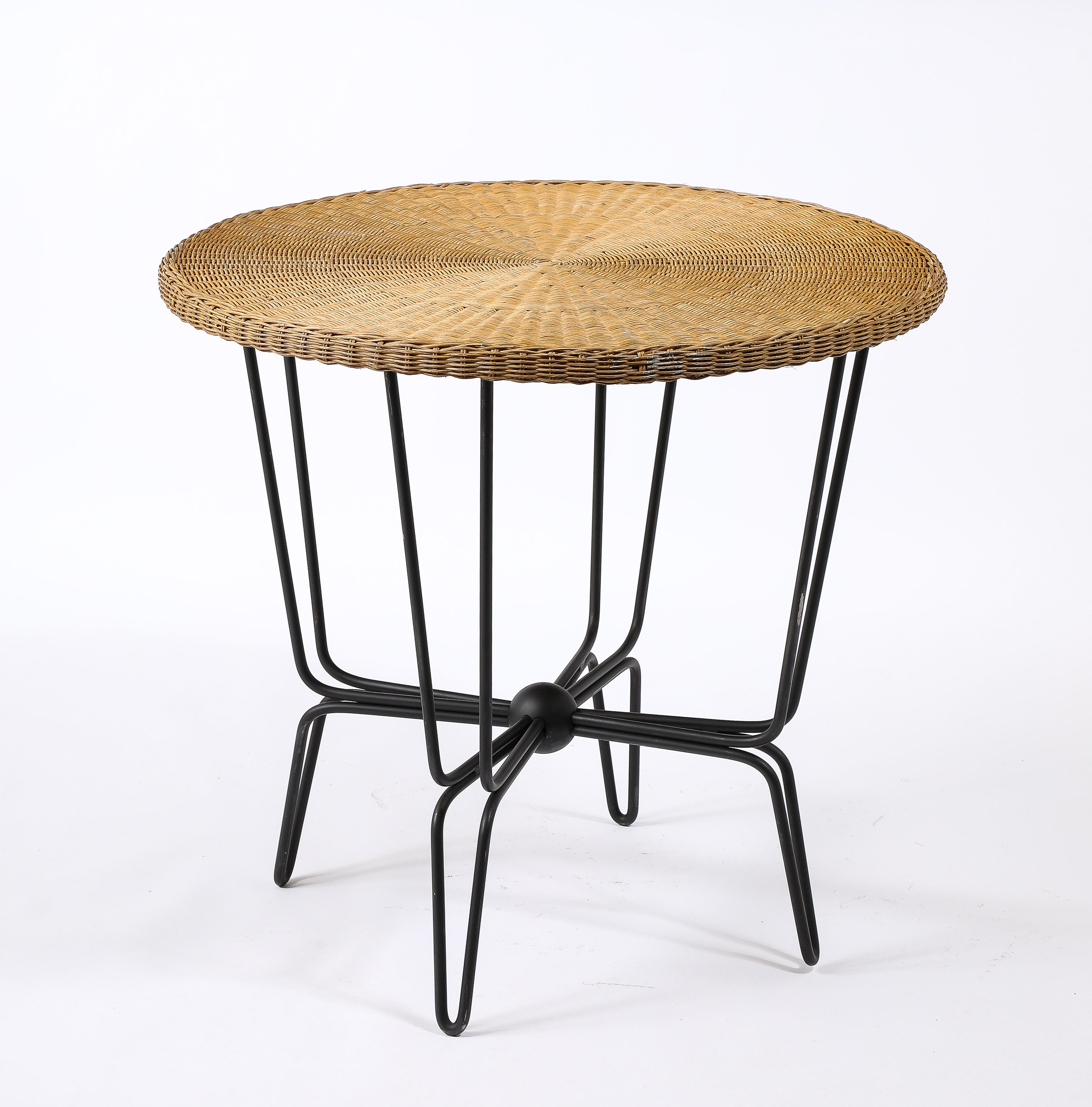 Mathieu Mategot Wrought Iron & Wicker Table, France 1950's For Sale 4