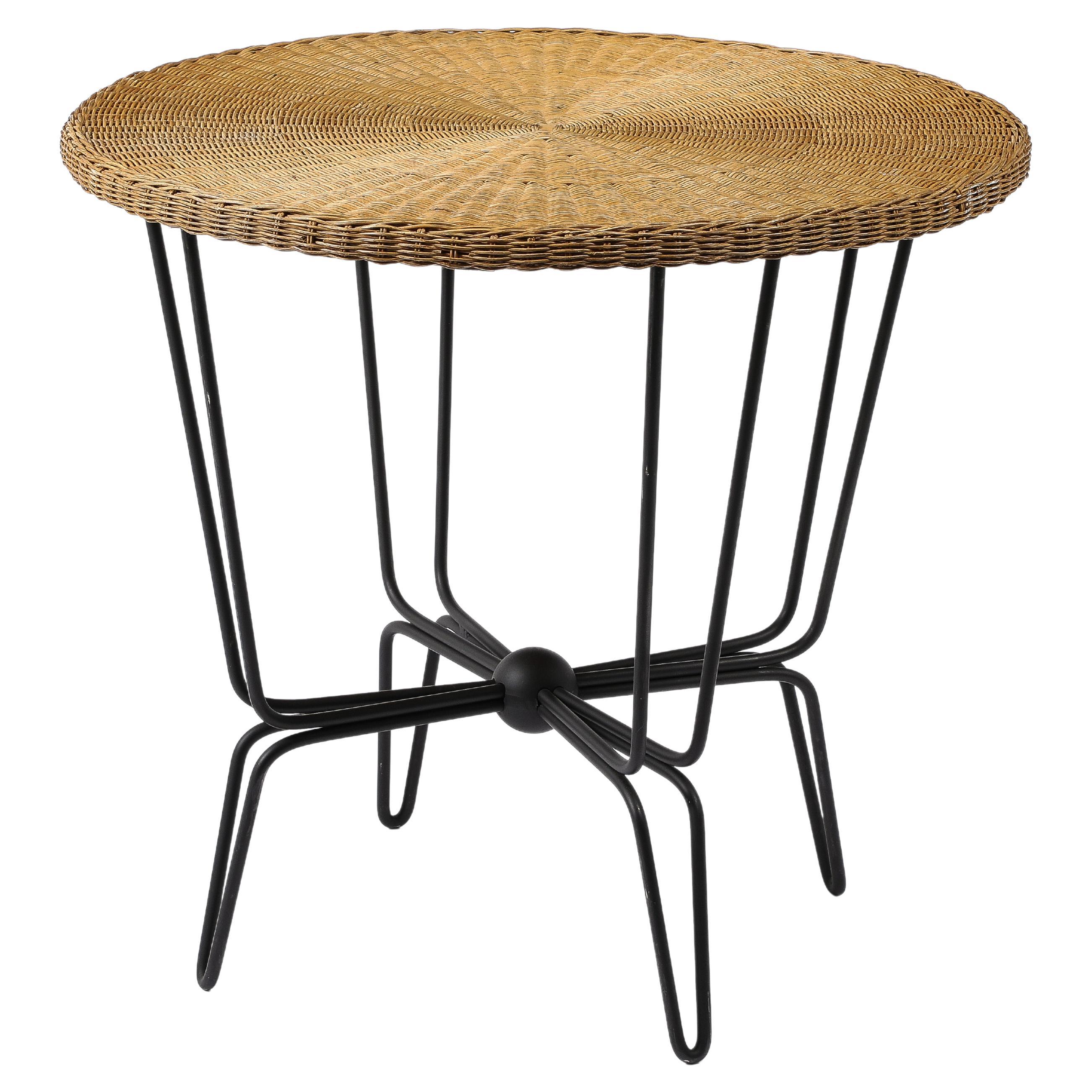Mathieu Mategot Wrought Iron & Wicker Table, France 1950's For Sale