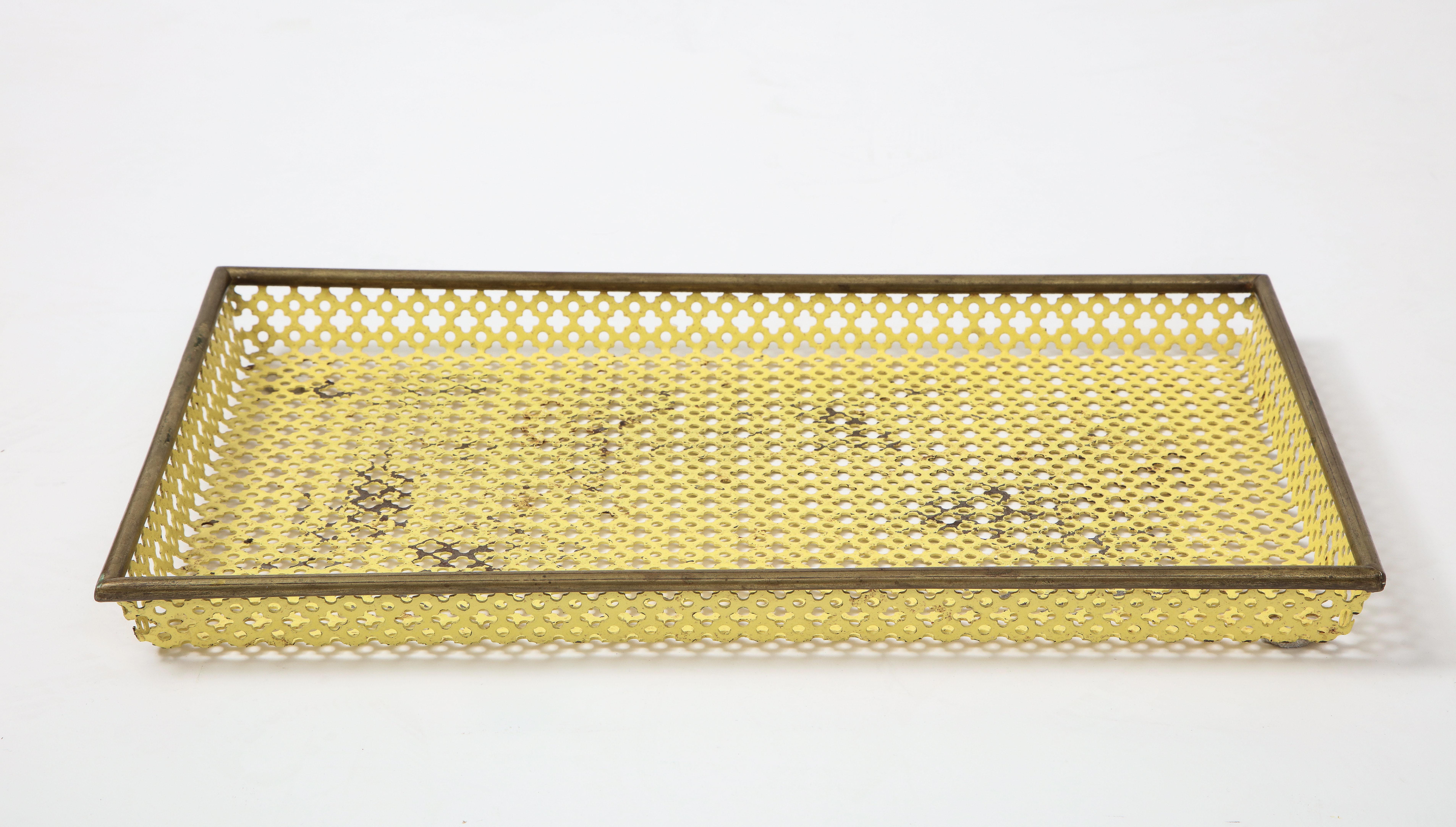 Mathieu Matégot Yellow Tray, Perforated Metal, Brass, Enamel, France, circa 1950 In Fair Condition In Brooklyn, NY