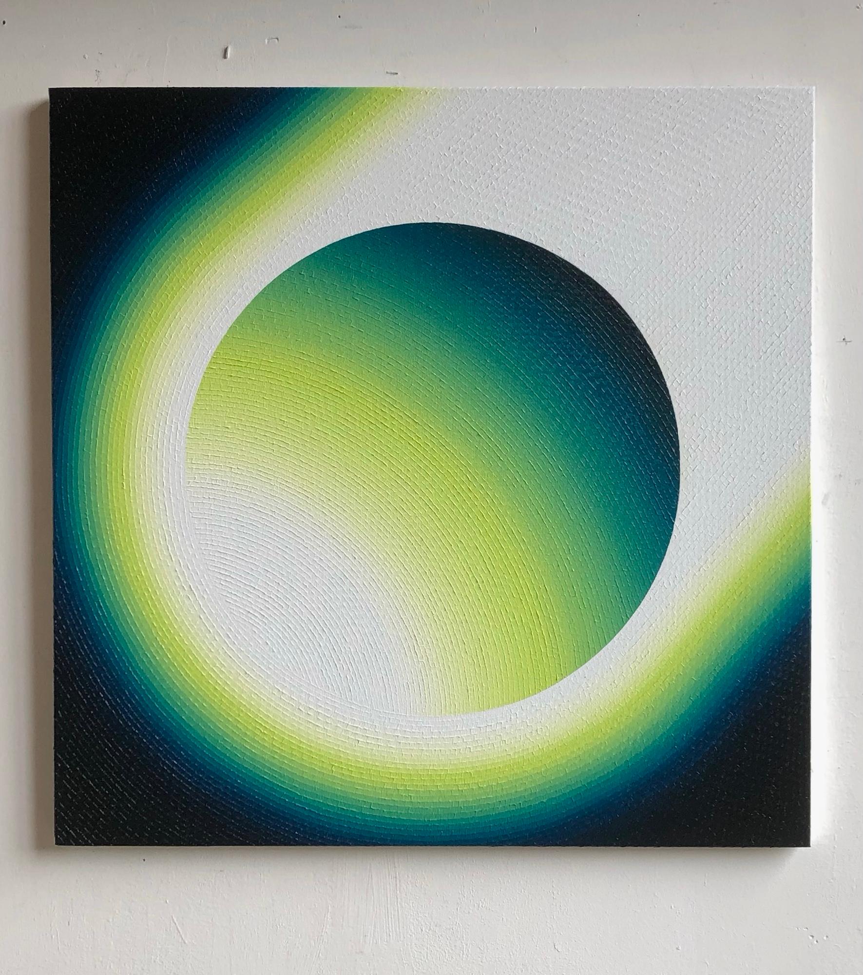 Halley by Mathieu Piffeteau - Cuadro abstracto, ilusión, vivo, verde, blanco en venta 1