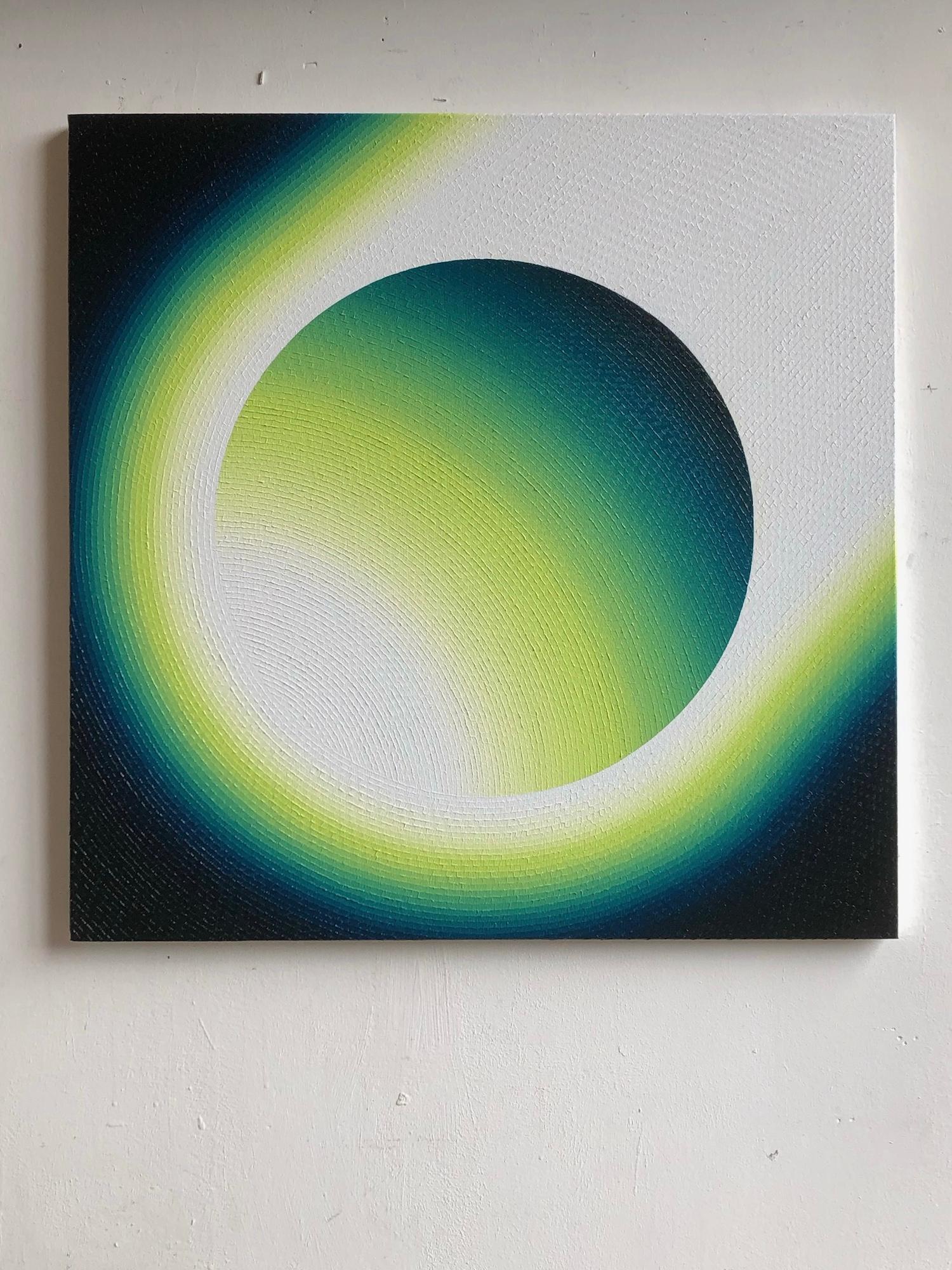 Halley by Mathieu Piffeteau - Cuadro abstracto, ilusión, vivo, verde, blanco en venta 2