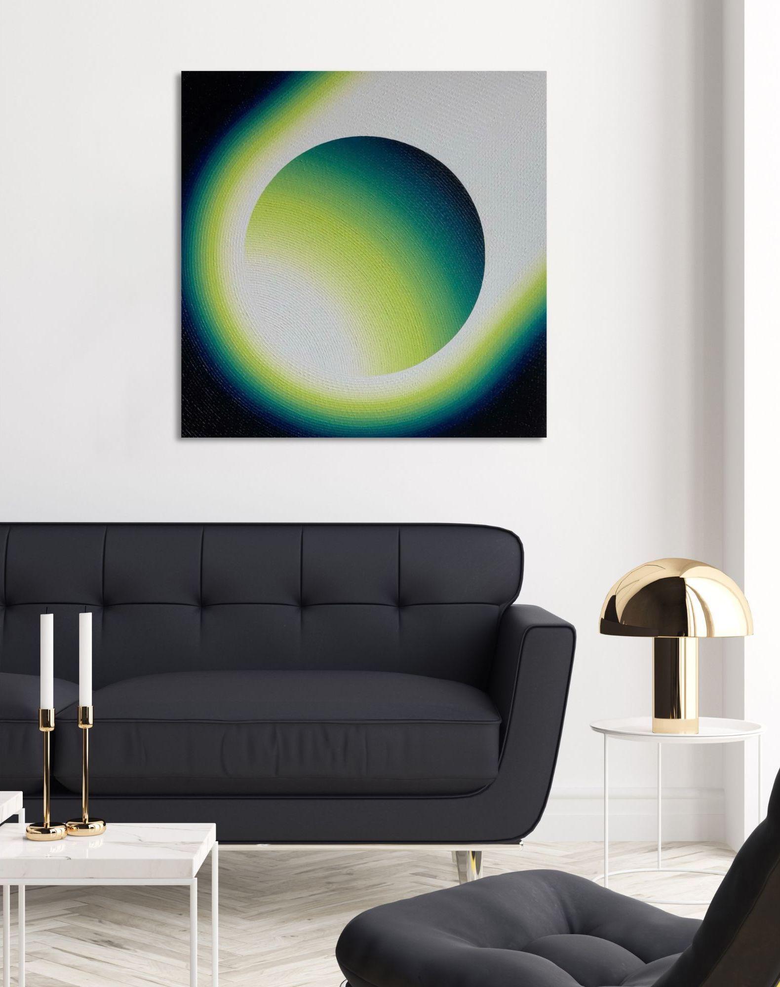 Halley by Mathieu Piffeteau - Cuadro abstracto, ilusión, vivo, verde, blanco en venta 4