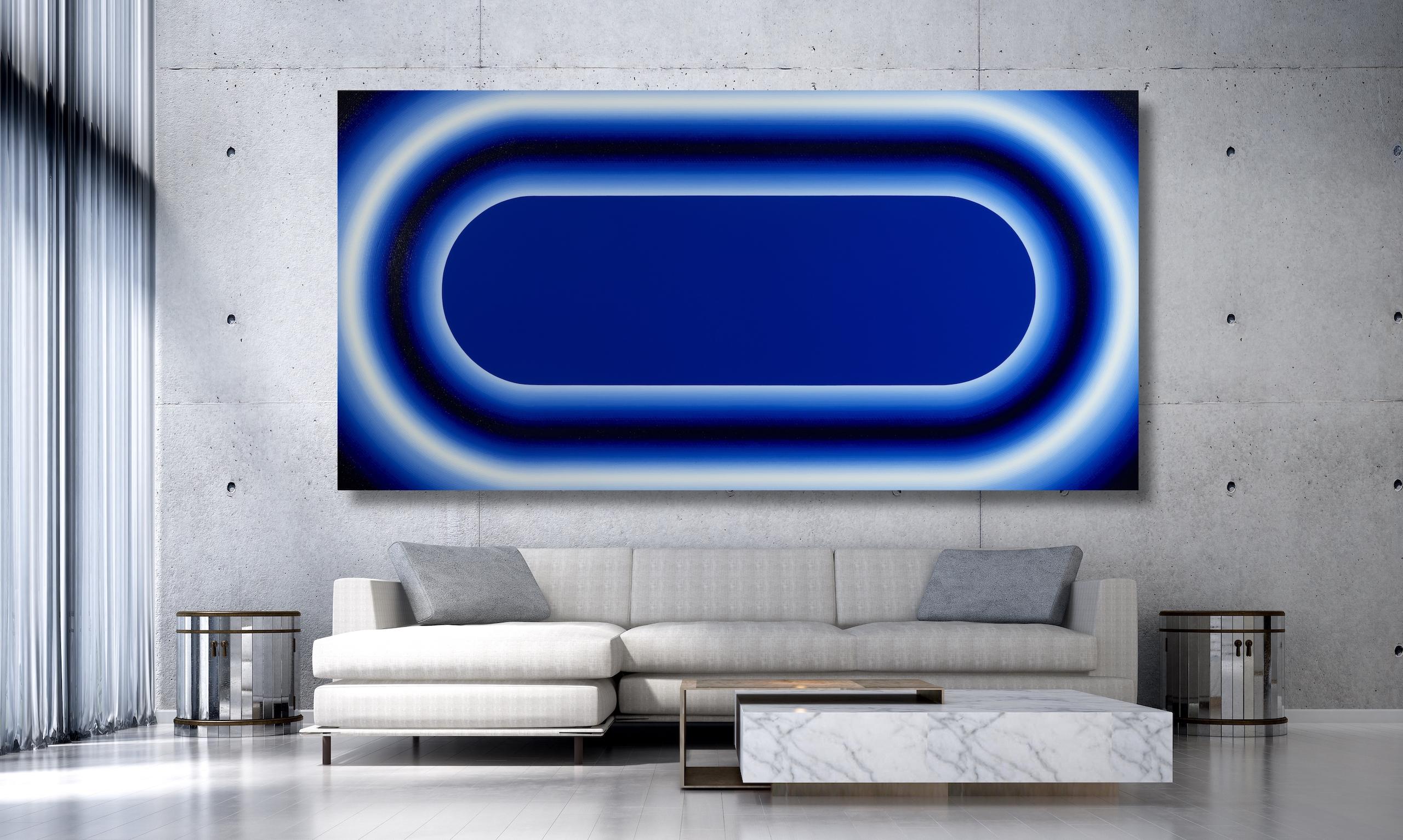 Swimming Pool by Mathieu Piffeteau - Abstract painting, illusion, light, blue For Sale 1