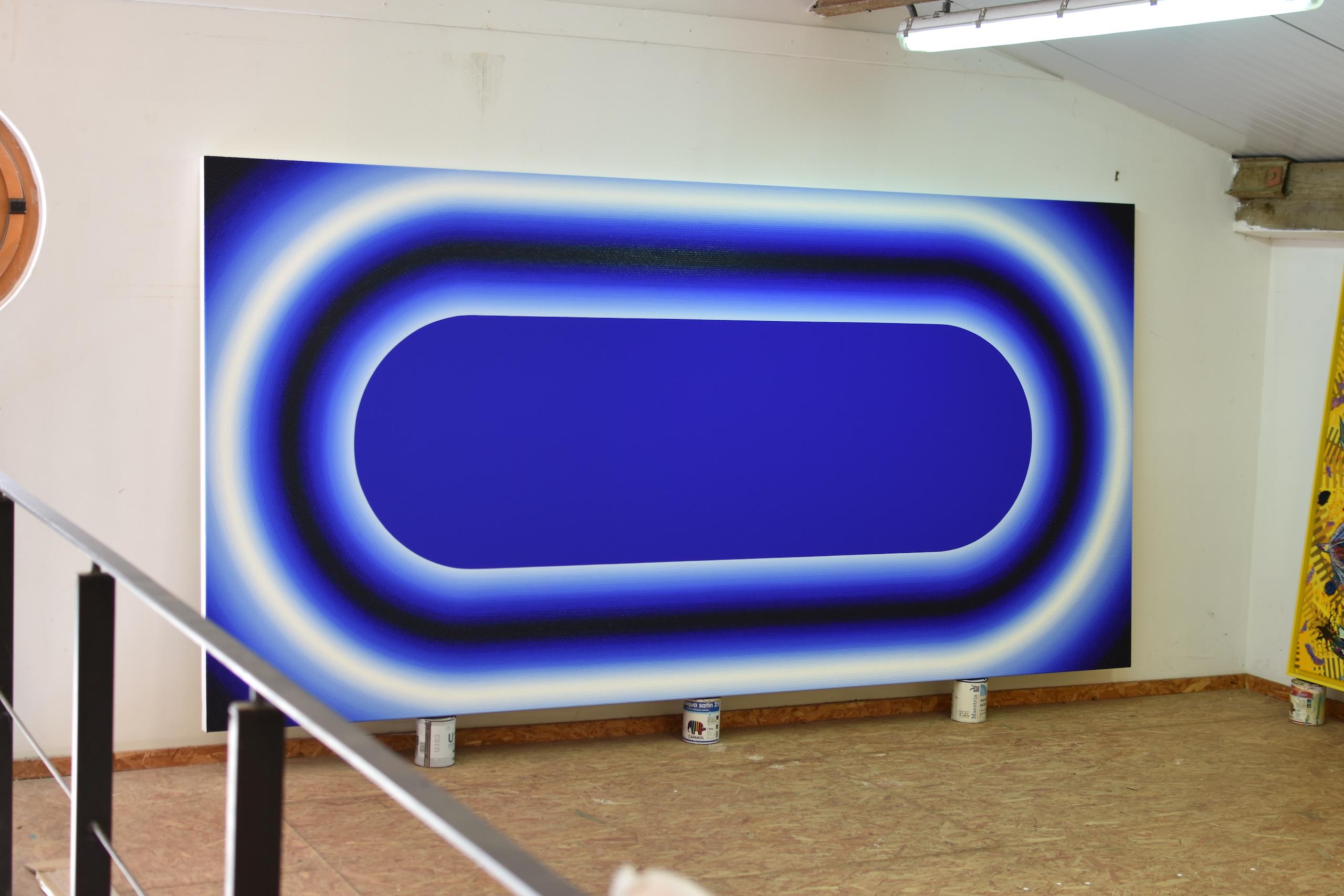 Swimming Pool by Mathieu Piffeteau - Abstract painting, illusion, light, blue For Sale 2