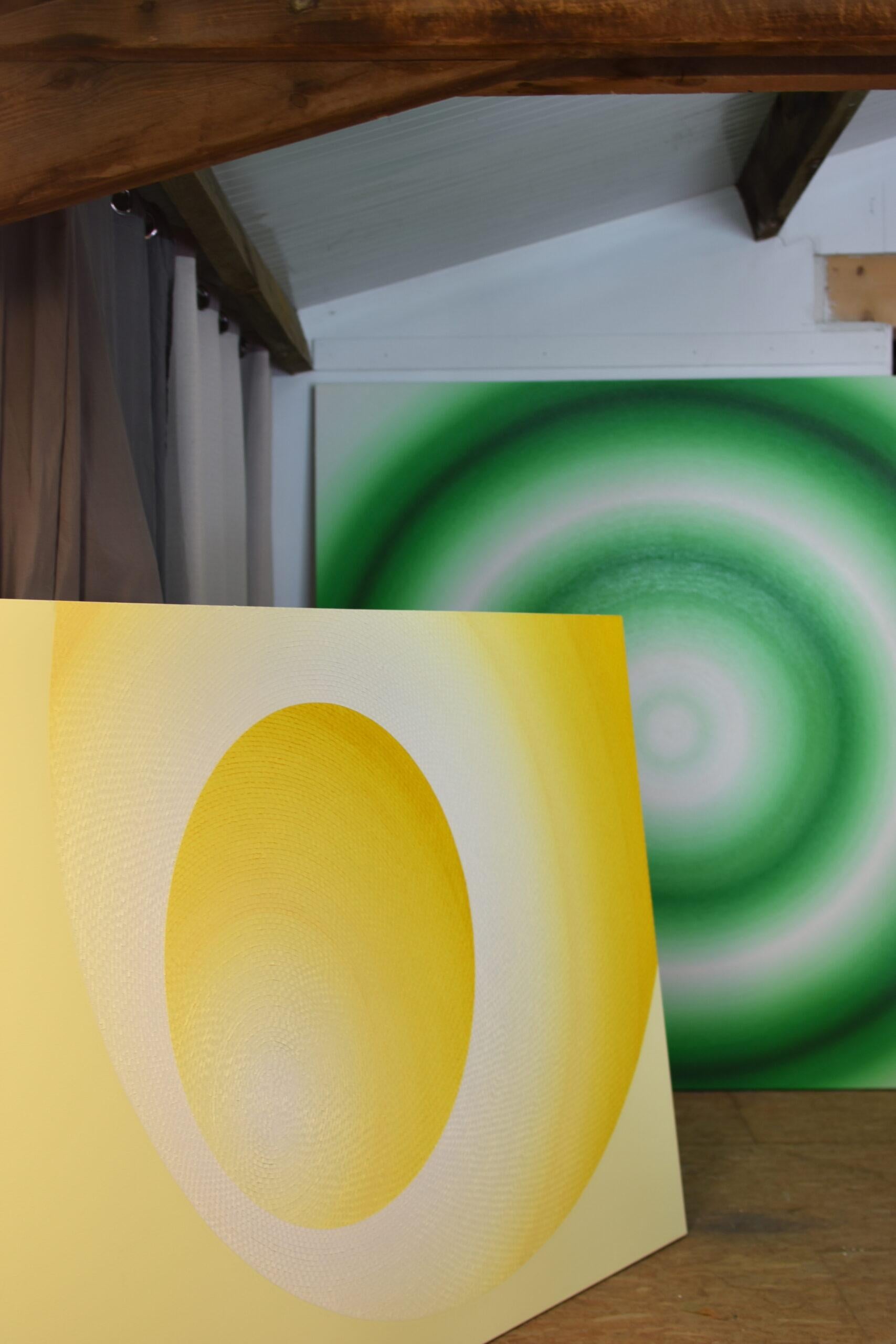 Le immigrant par Mathieu Piffeteau - peinture abstraite, illusion, lumière, jaune en vente 8