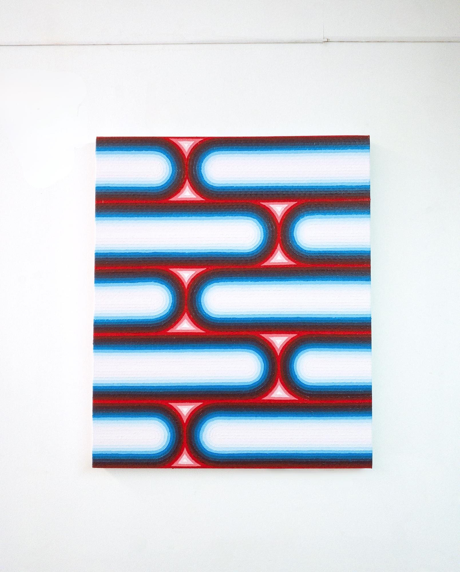 Wachs 2 von Mathieu Piffeteau – Abstraktes Gemälde, optische Illusion, Blau, Rot im Angebot 2