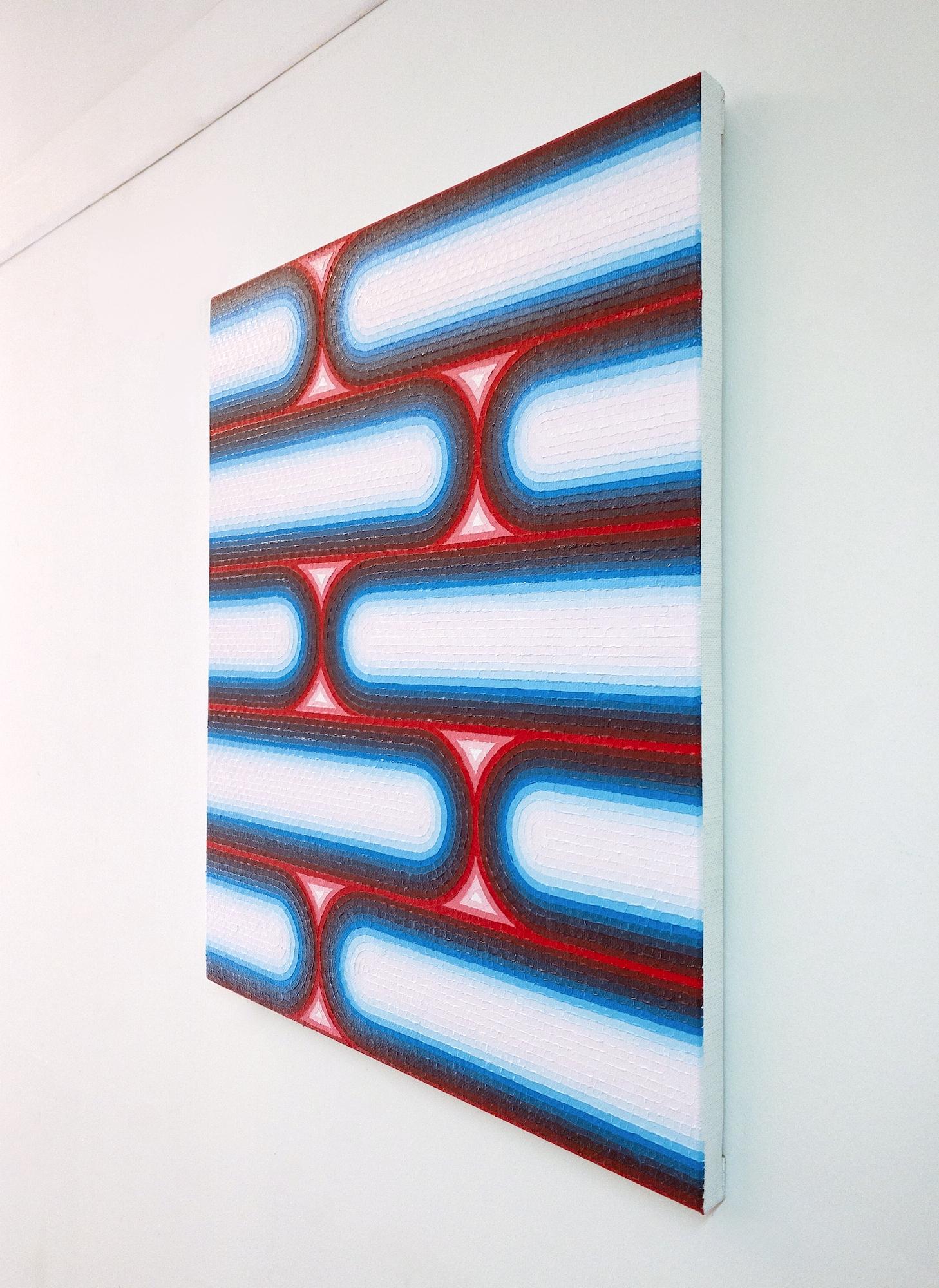 Wachs 2 von Mathieu Piffeteau – Abstraktes Gemälde, optische Illusion, Blau, Rot im Angebot 4