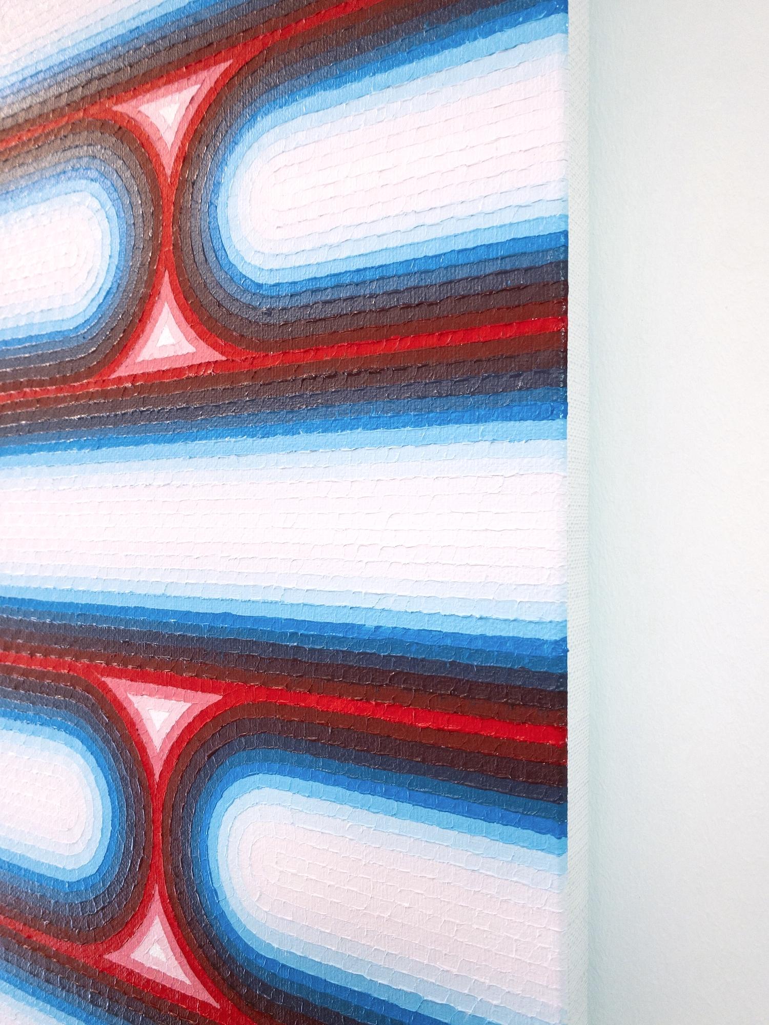 Wachs 2 von Mathieu Piffeteau – Abstraktes Gemälde, optische Illusion, Blau, Rot im Angebot 6
