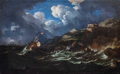 Antique Marina con burrasca Dipinto Mathieu van Plattenberg, detto Monsù Montagna