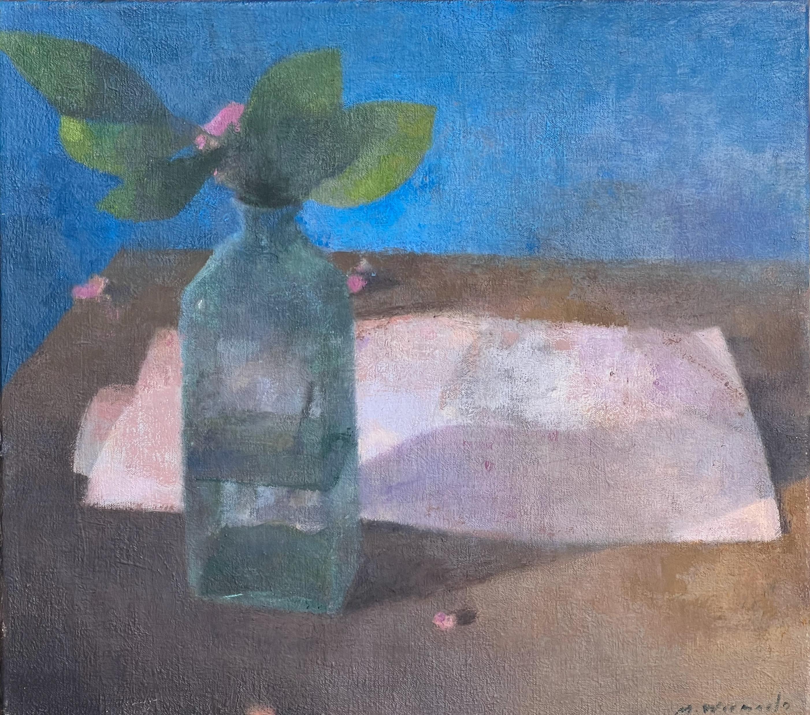 Mathieu Weemaels Still-Life Painting - Still life with flower in bottle on tabletop