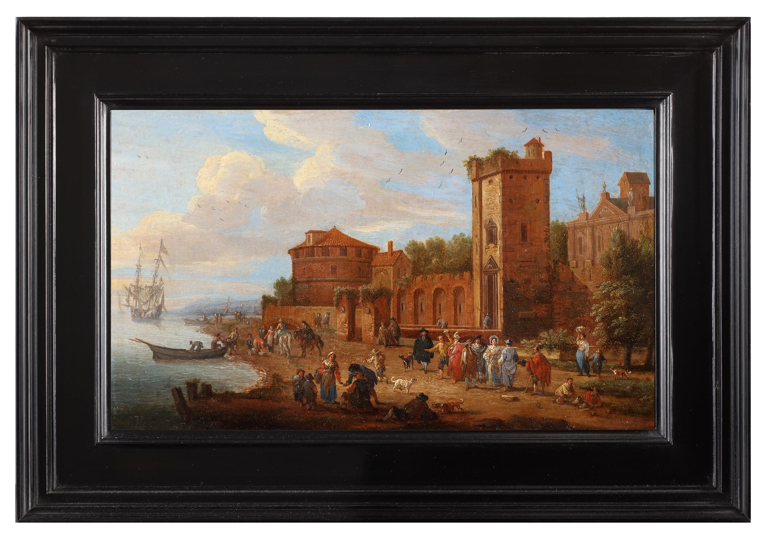 Animated harbor scene near a fortified palace - Matthijs Schoevaerdts - Painting by Mathijs Schoevaerdts