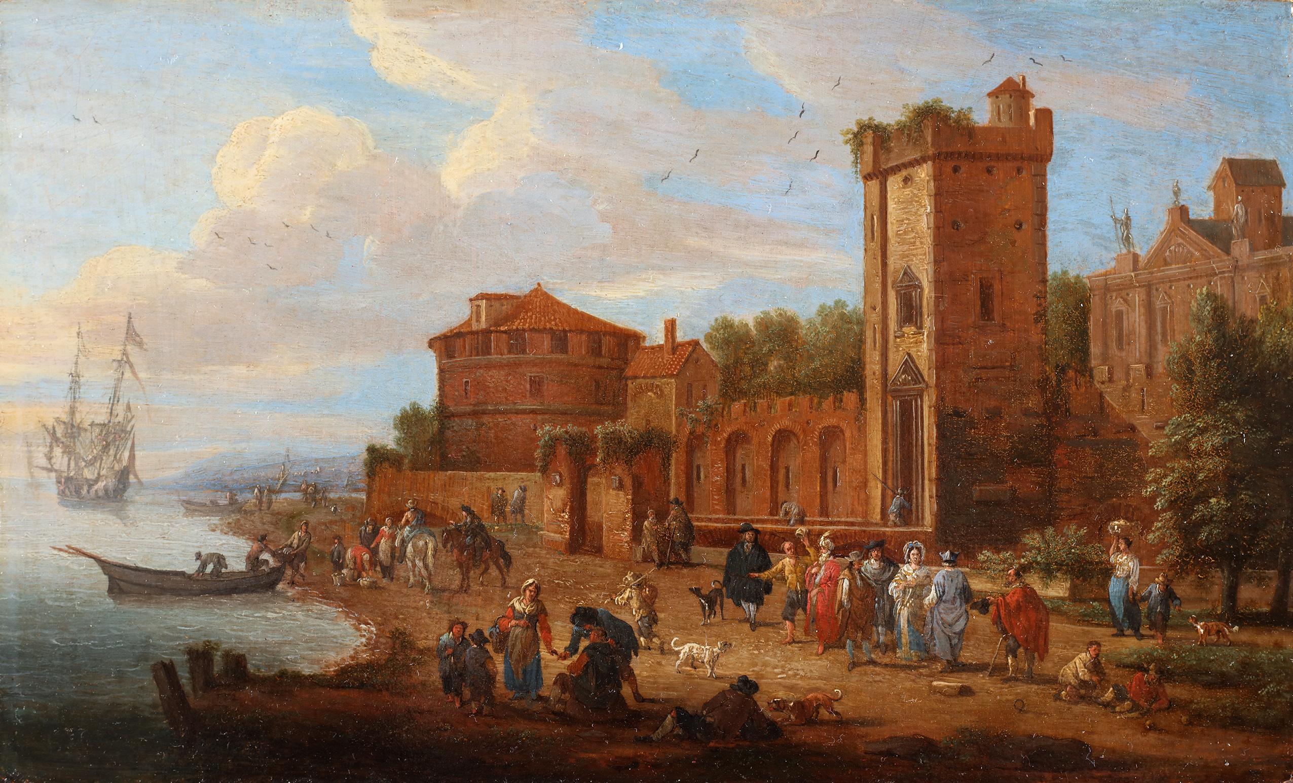 Animated harbor scene near a fortified palace - Matthijs Schoevaerdts - Flemish School Painting by Mathijs Schoevaerdts