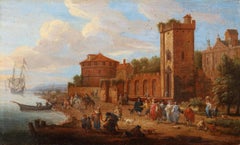 Antique Animated harbor scene near a fortified palace - Matthijs Schoevaerdts