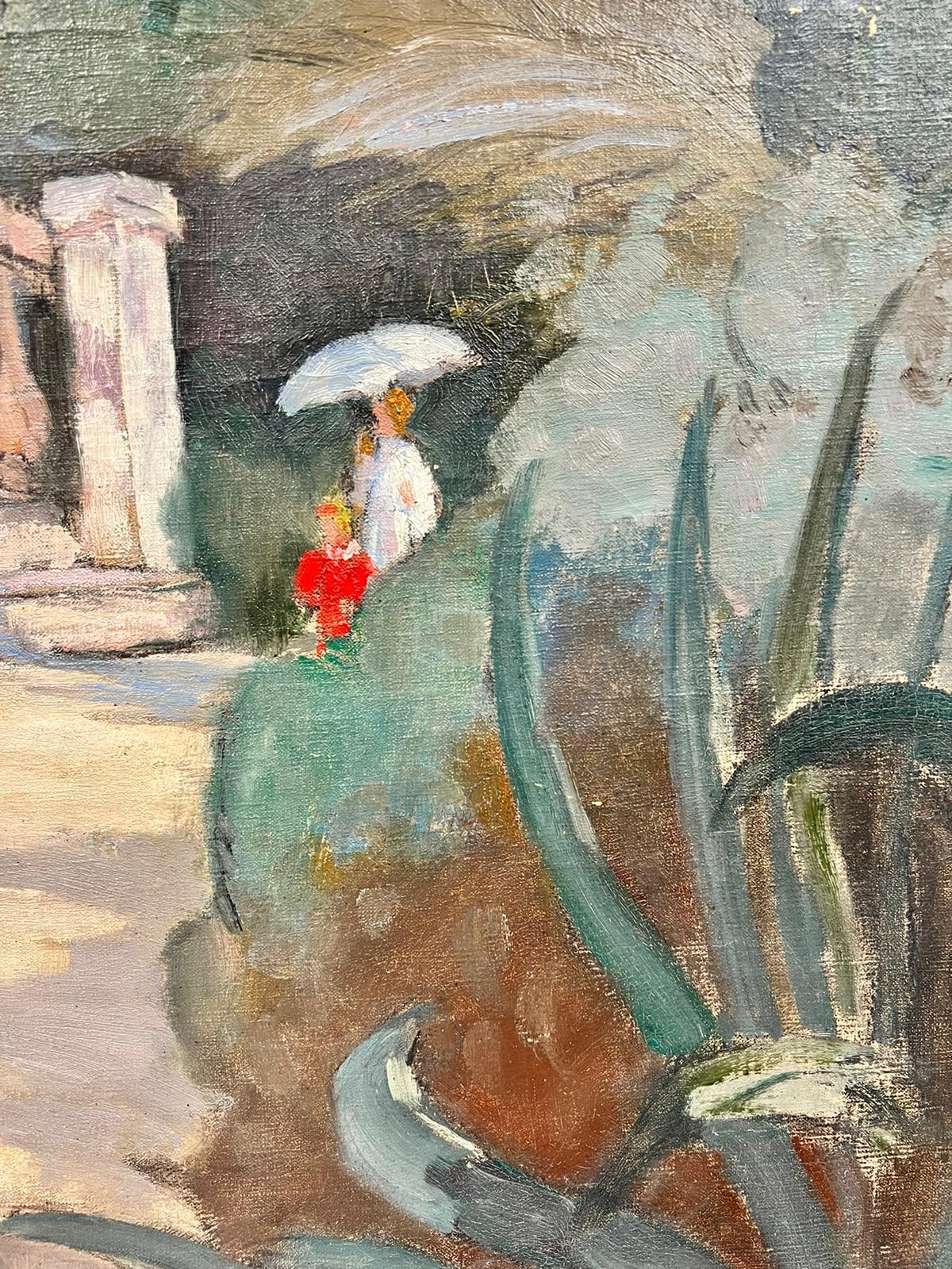 Artist/ School: by Mathilde ARBEY (French 1890-1966), signed lower left corner, atelier stamped verso

Title: Elegant figures walking through a warm garden (most likely in the South of France), sheltering under a parasol. 

Medium: oil on canvas,