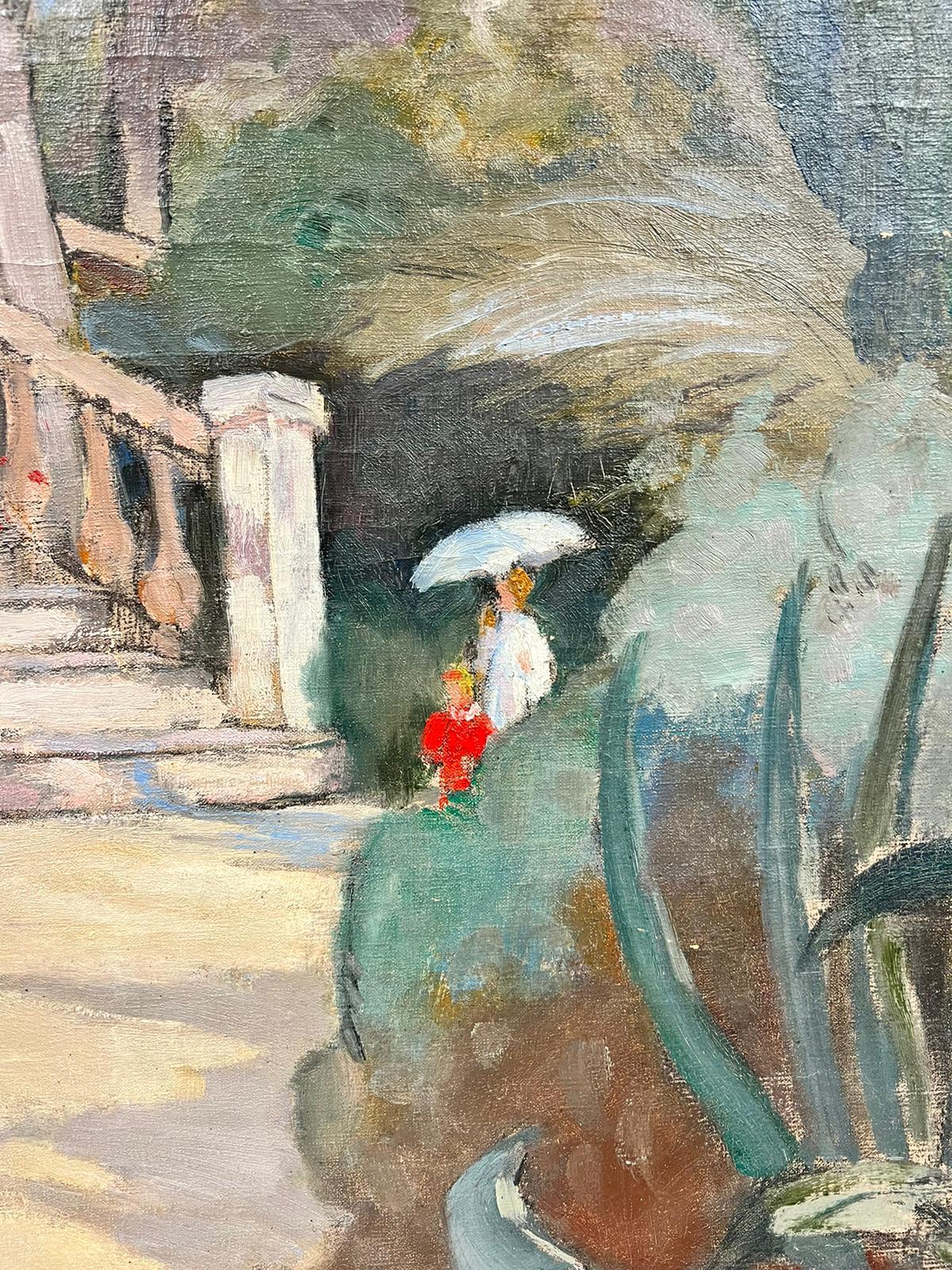 1930's French Post-Impressionist Signed Oil Elegant Figures with Parasols Garden For Sale 1