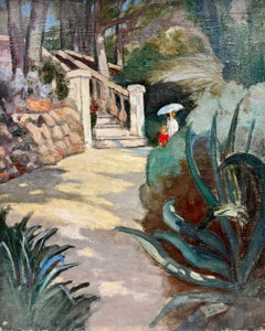 Französische postimpressionistische, signierte Ölgemälde mit Parasolen, Garten, 1930er Jahre