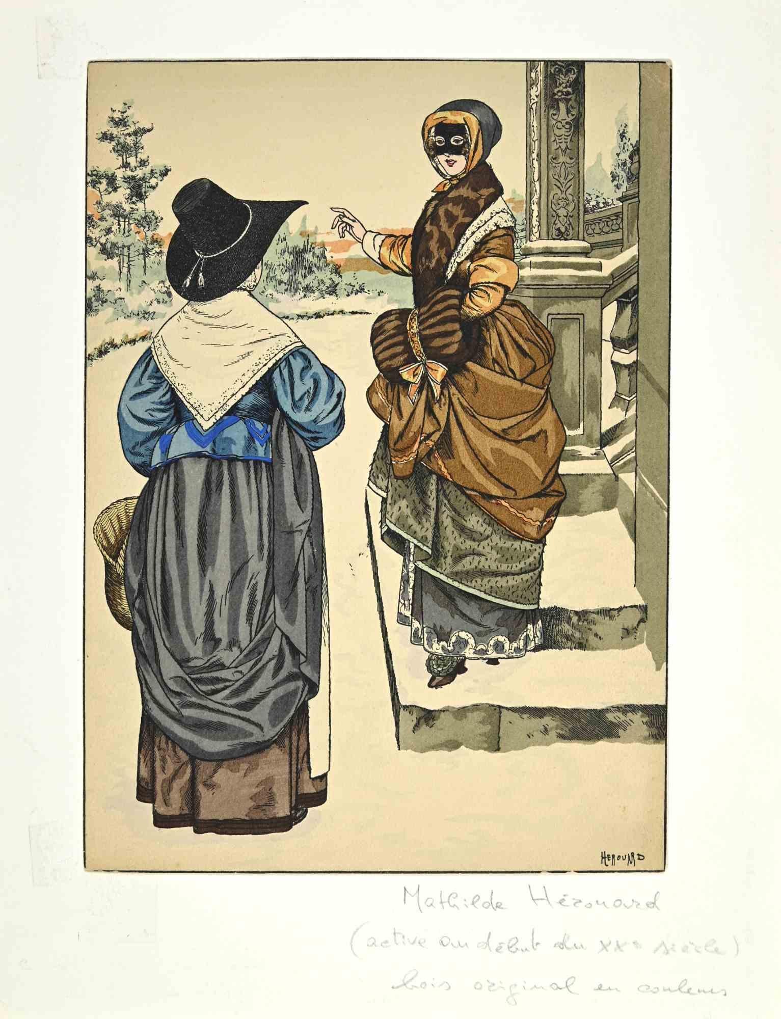 The Lovely Discussion - Woodcut by Mathilde Hérouard - 1920s For Sale 1