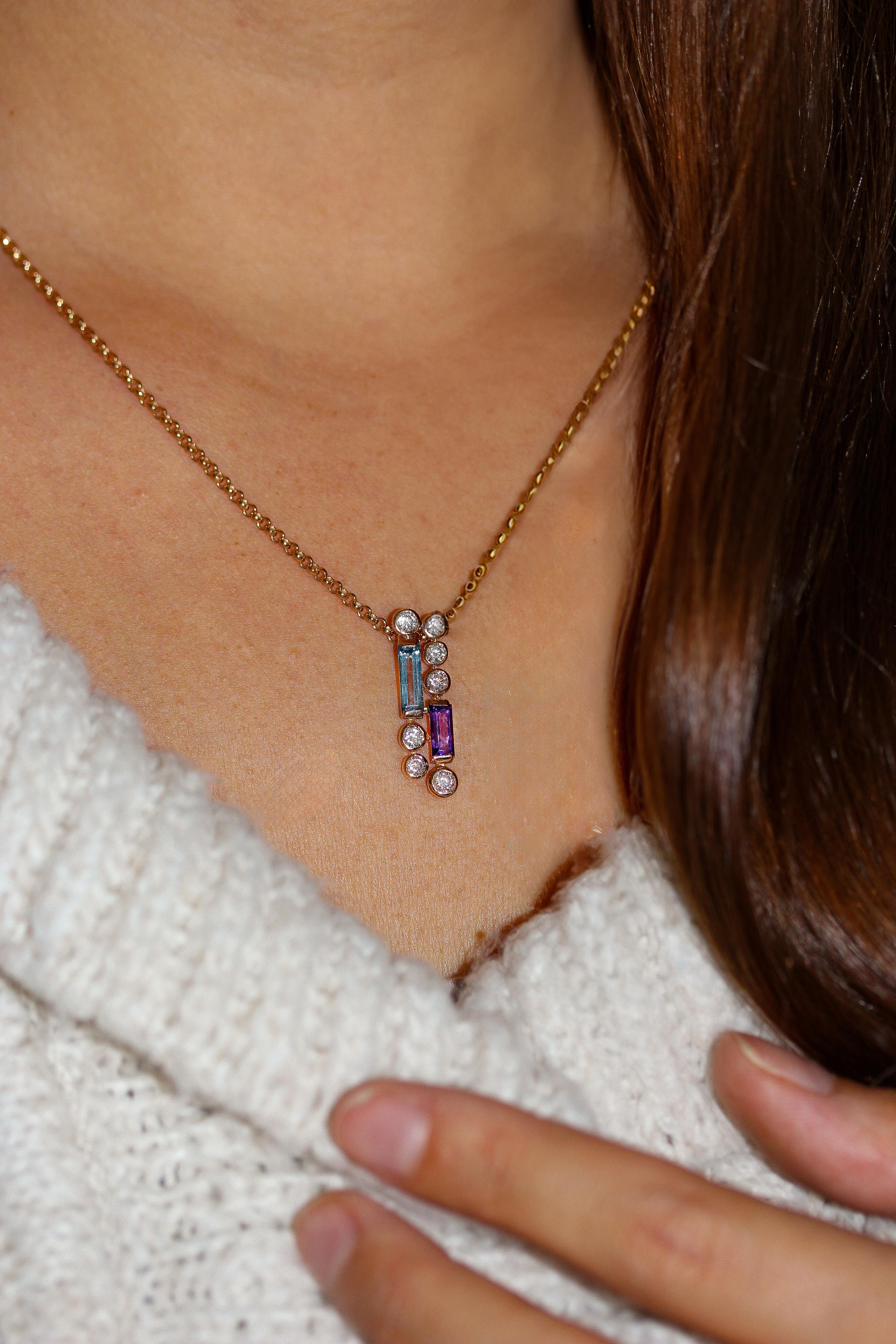 Contemporary Mathon Paris Diamonds Aquamarine Amethyst Pink Gold Necklace For Sale