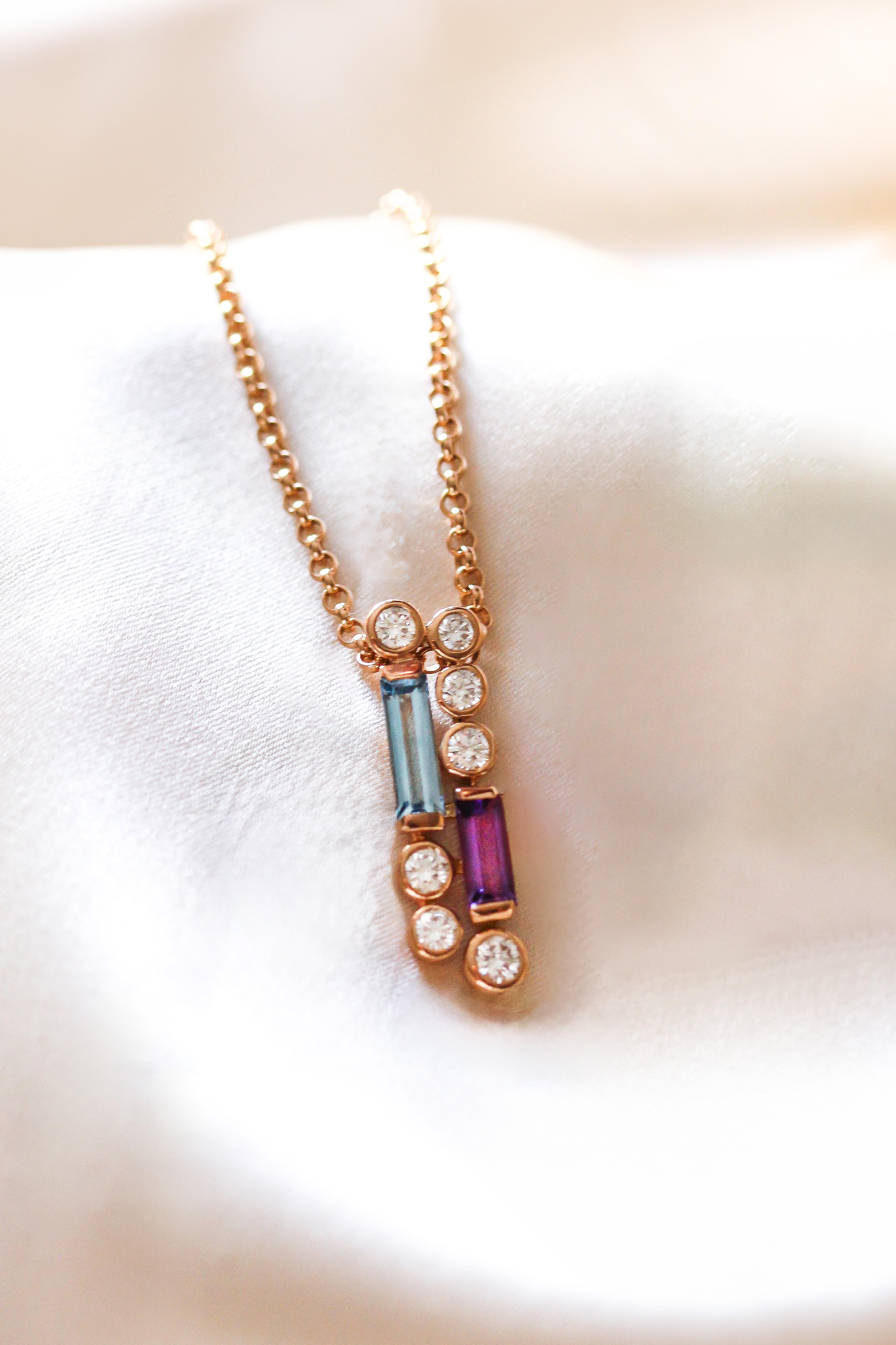 Brilliant Cut Mathon Paris Diamonds Aquamarine Amethyst Pink Gold Necklace For Sale