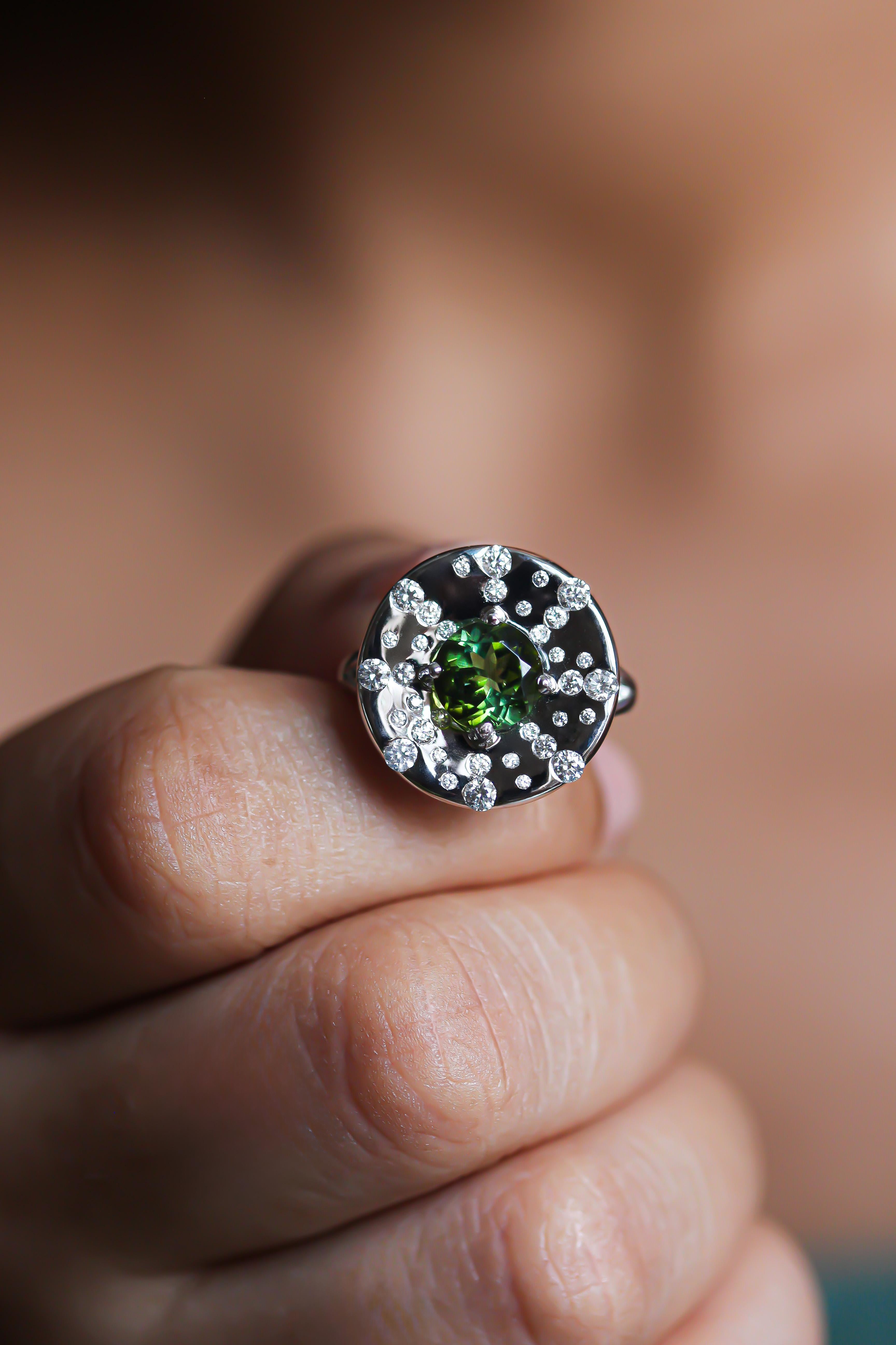 Contemporary Mathon Paris Diamonds Green Tourmaline White Gold Ring For Sale