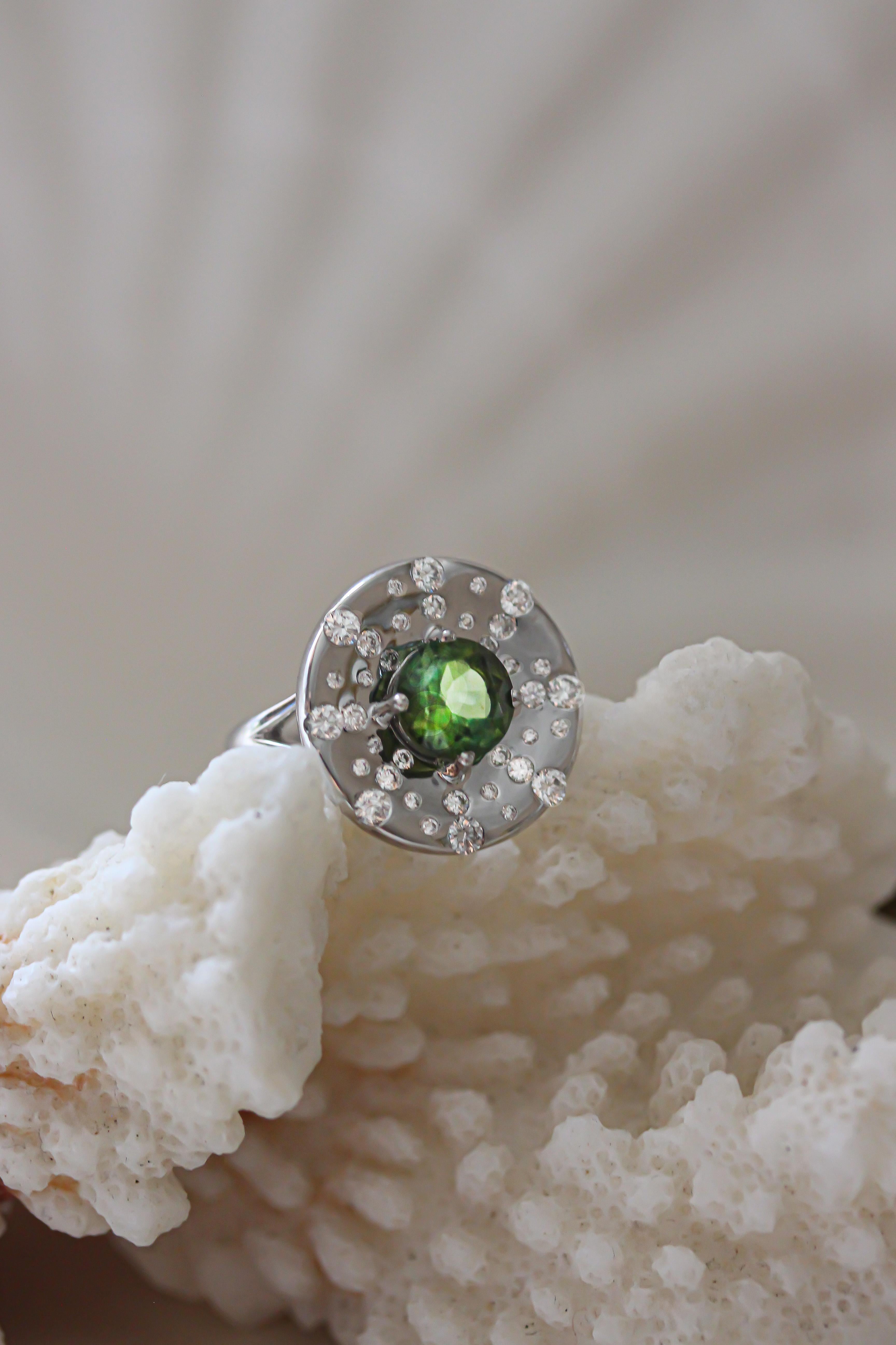 Brilliant Cut Mathon Paris Diamonds Green Tourmaline White Gold Ring For Sale