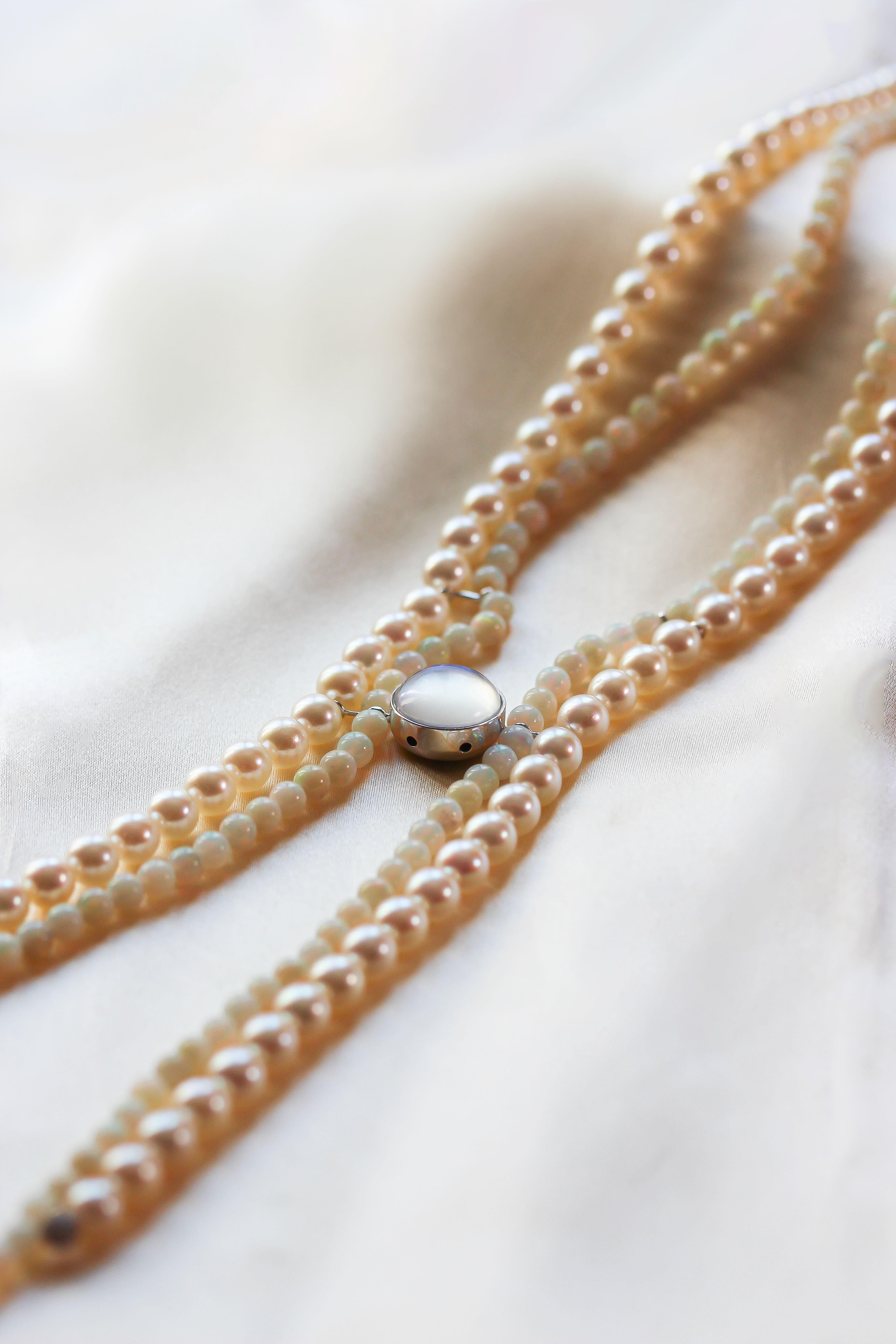 Brilliant Cut Mathon Paris Diamonds Moonstone Opals and Akoya Pearls White Gold Necklace For Sale