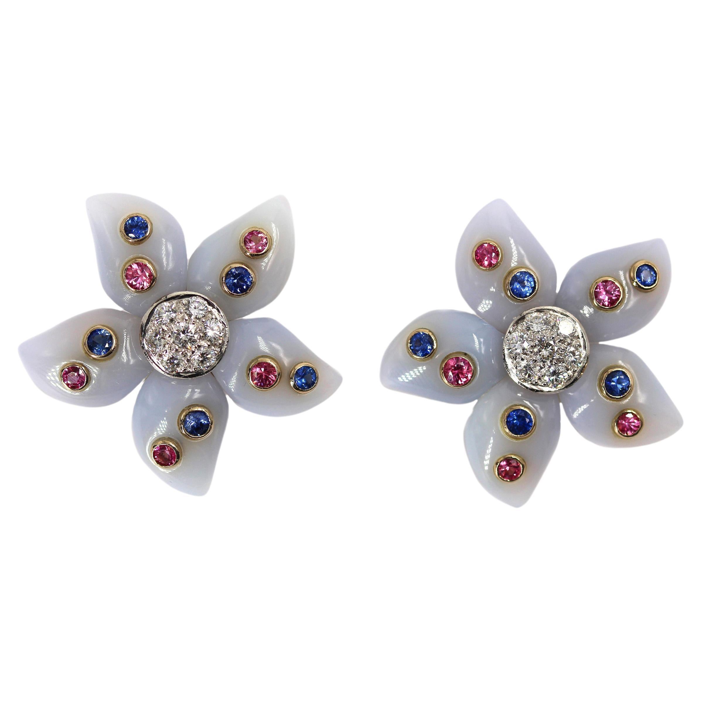 Mathon Paris Diamonds, Sapphires, Chalcedony and White Gold Earrings For Sale