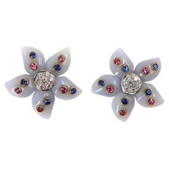 Mathon Paris, boucles d'oreilles en or blanc, saphirs, calcédoine et diamants