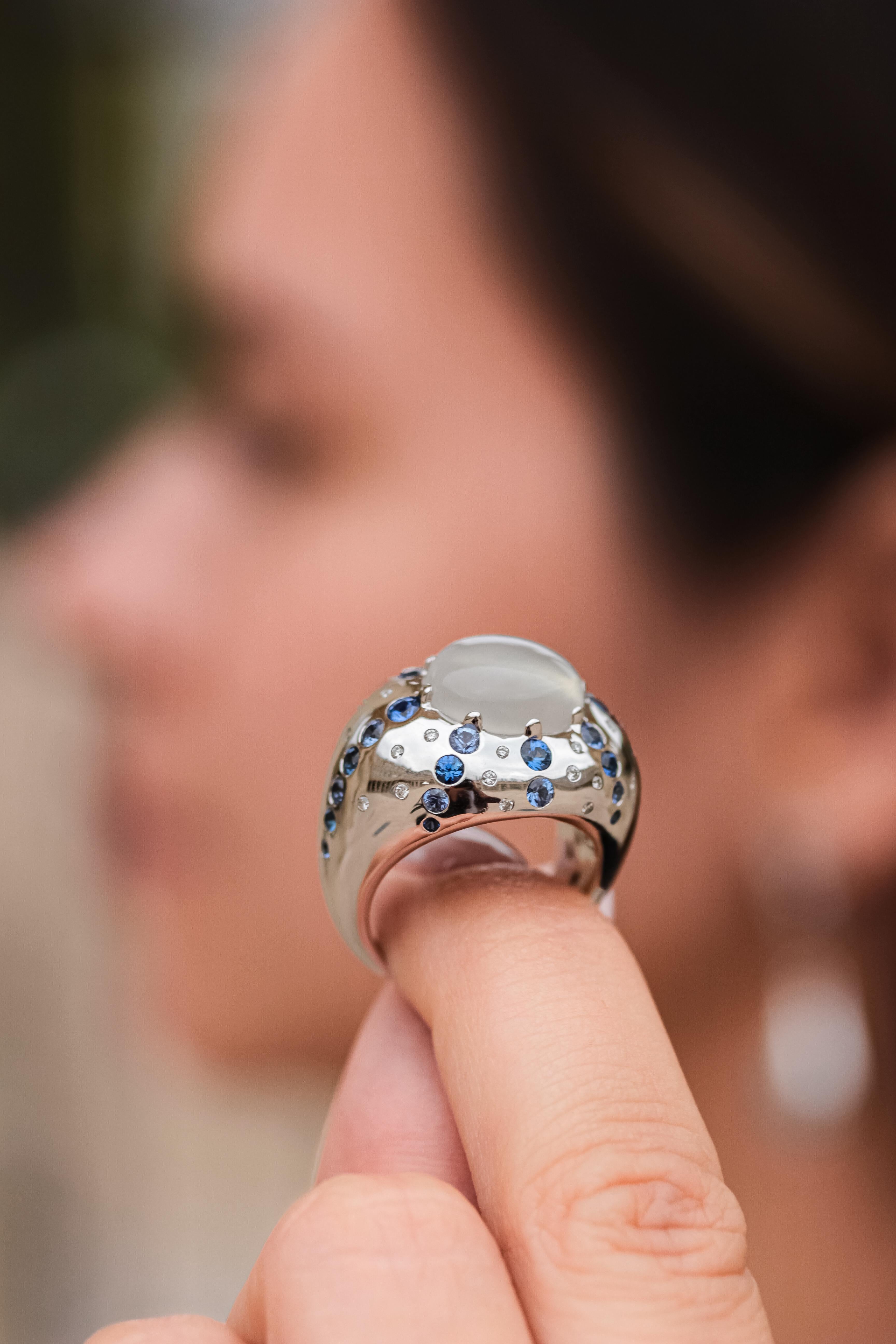 Contemporary Mathon Paris Diamonds Sapphires Moonstone and White Gold Ring  For Sale
